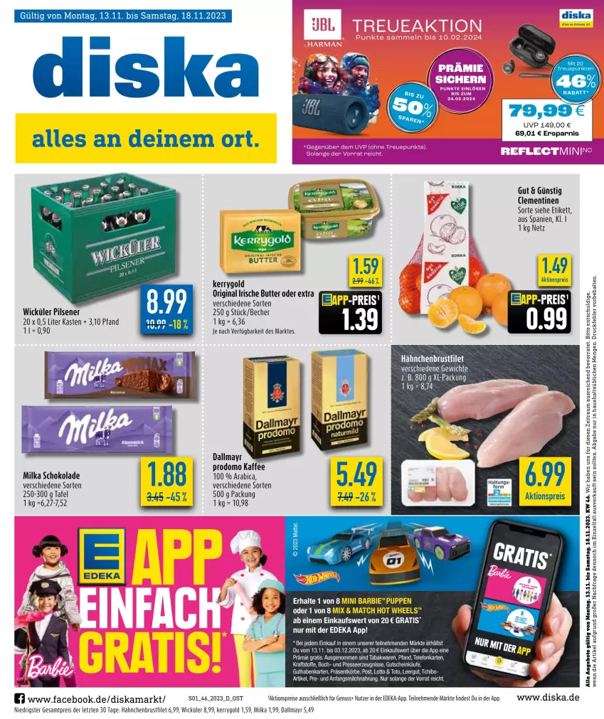 Aktueller Prospekt Diska - Prospekte - von 13.11 bis 18.11.2023 - strona 1 - produkty: aktionspreis, angebot, angebote, Becher, brustfilet, buch, butter, dallmayr, dallmayr prodomo, deka, eier, eis, filet, gin, guthabenkarte, gutschein, hähnchenbrust, hähnchenbrustfilet, irische butter, kaffee, kerrygold, kraft, Mattel, milka, milka schokolade, nuss, pils, pilsener, prodomo, reis, schoko, schokolade, Tchibo, telefon, Ti, WICK, ZTE