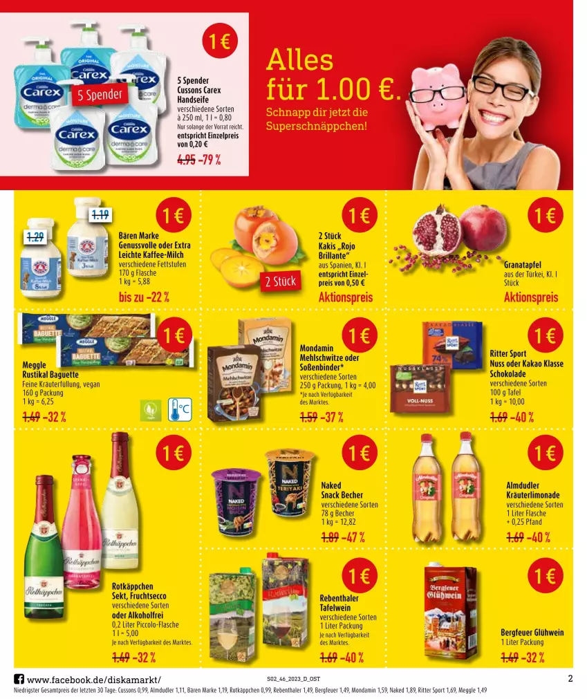 Aktueller Prospekt Diska - Prospekte - von 13.11 bis 18.11.2023 - strona 2 - produkty: alkohol, almdudler, apfel, baguette, bärenmarke, Becher, ecco, eis, flasche, frucht, fruchtsecco, Glühwein, grana, granatapfel, Handseife, kaffee, kakao, Kaki, kräuter, limo, limonade, meggle, mehl, milch, mondamin, nuss, Rana, reis, ritter, ritter sport, rotkäppchen, schoko, schokolade, Seife, sekt, snack, Soße, Sport, Ti, wein, ZTE