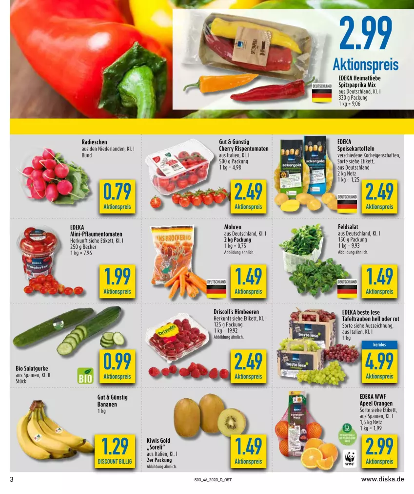 Aktueller Prospekt Diska - Prospekte - von 13.11 bis 18.11.2023 - strona 3 - produkty: aktionspreis, banane, bananen, Becher, beere, beeren, bio, deka, discount, eis, feldsalat, gurke, himbeer, himbeere, himbeeren, kartoffel, kartoffeln, kiwi, möhren, orange, orangen, paprika, paprika mix, pflaume, pflaumen, radieschen, reis, rel, rispentomaten, salat, Salatgurke, speisekartoffeln, Spitzpaprika, tafeltrauben, Ti, tomate, tomaten, trauben