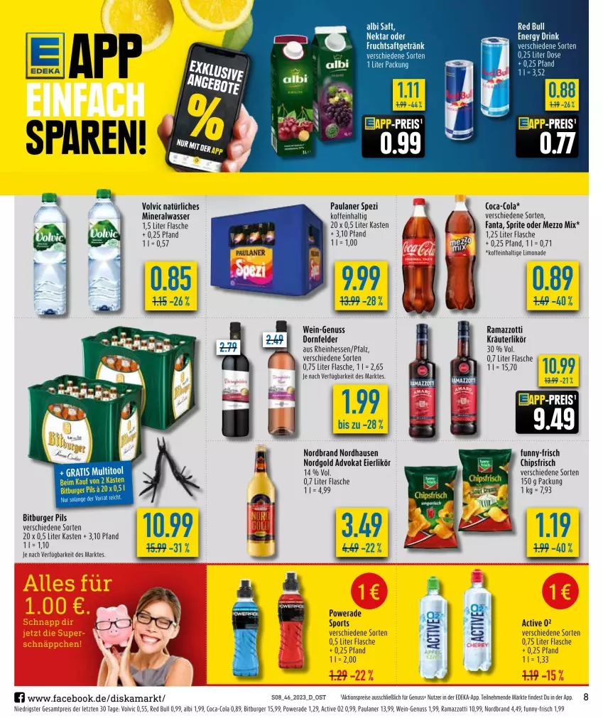 Aktueller Prospekt Diska - Prospekte - von 13.11 bis 18.11.2023 - strona 8 - produkty: aktionspreis, Alwa, bitburger, bitburger pils, burger, chips, chipsfrisch, coca-cola, cola, deka, dornfelder, drink, eier, eierlikör, eis, energy drink, ente, fanta, flasche, frucht, fruchtsaft, fruchtsaftgetränk, funny-frisch, getränk, kräuter, kräuterlikör, likör, limo, limonade, Mezzo Mix, mineralwasser, Nektar, nordbrand, nuss, Paula, paulaner, pils, rama, ramazzott, ramazzotti, red bull, reis, saft, Spezi, Sport, sprite, Ti, volvic, volvic natürliches, wasser, wein, zott, ZTE