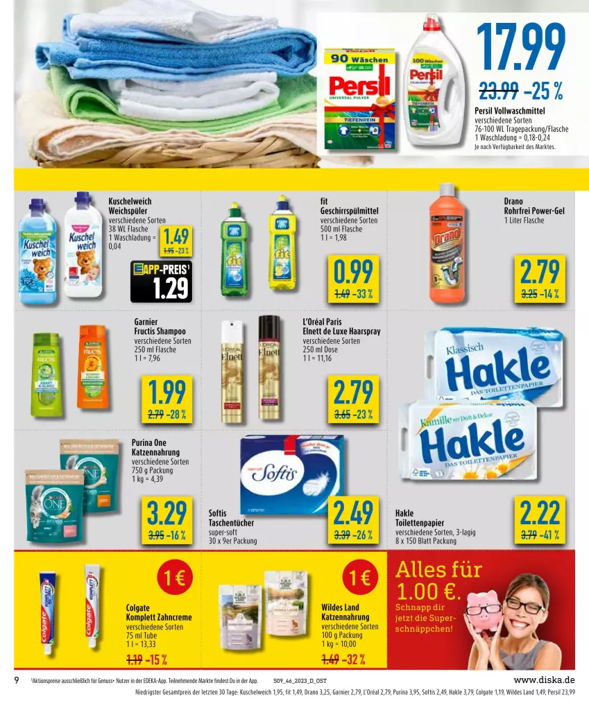 Aktueller Prospekt Diska - Prospekte - von 13.11 bis 18.11.2023 - strona 9 - produkty: aktionspreis, colgate, creme, deka, eis, elnett, flasche, fructis, garnier, geschirr, geschirrspülmittel, haarspray, hakle, katzennahrung, Kuschelweich, l'oreal, LG, nuss, papier, persil, power-gel, purina, reis, shampoo, spülmittel, Tasche, taschen, taschentücher, Ti, toilettenpapier, tücher, vollwaschmittel, waschmittel, weichspüler, Wild, zahncreme, ZTE