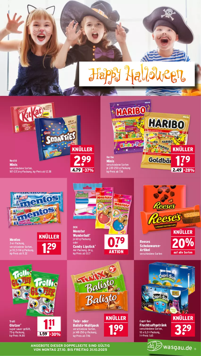 Aktueller Prospekt Wasgau - von 27.10 bis 31.10.2025 - strona 13 - produkty: angebot, angebote, auer, balisto, ball, Cap, capri-sun, eis, frucht, fruchtsaft, fruchtsaftgetränk, getränk, haribo, Lipstick, mentos, monster, nestlé, reis, saft, schoko, Ti, trolli, twix