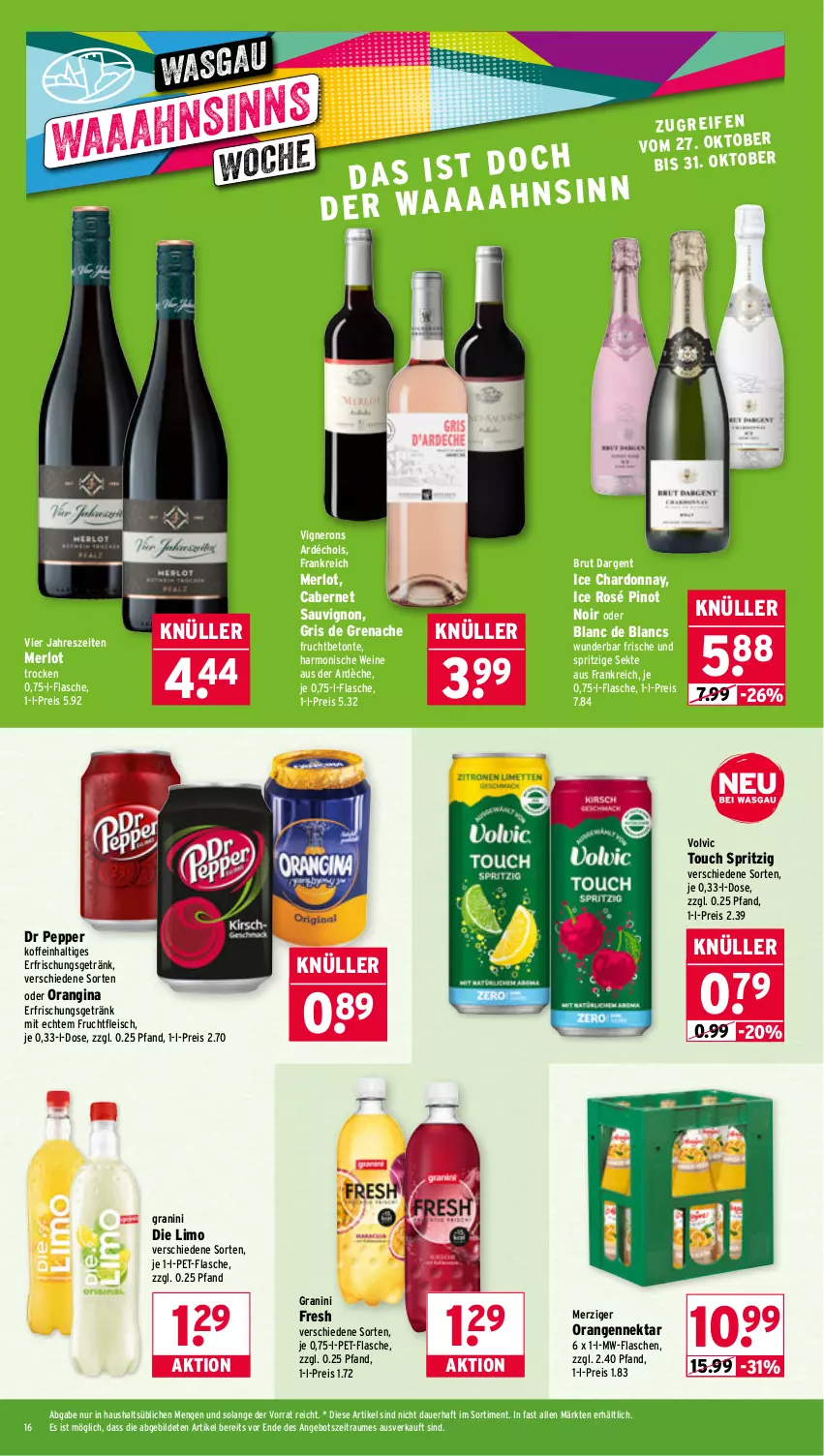 Aktueller Prospekt Wasgau - von 27.10 bis 31.10.2025 - strona 16 - produkty: angebot, auer, brut, brut dargent, cabernet, cabernet sauvignon, chardonnay, de blancs, eis, erfrischungsgetränk, flasche, fleisch, frucht, fruchtfleisch, getränk, gin, granini, granini die limo, limo, merl, merlot, mw-flasche, Nektar, nero, orange, orangen, orangina, pet-flasche, Pinot, pinot noir, reis, sauvignon, sekt, Ti, volvic, wein, weine
