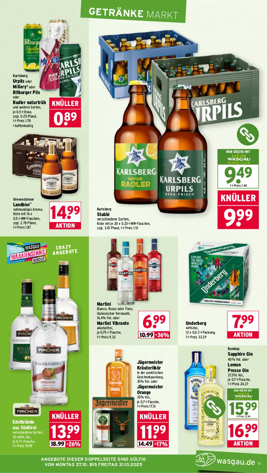 Aktueller Prospekt Wasgau - von 27.10 bis 31.10.2025 - strona 17 - produkty: alkohol, angebot, angebote, bier, bitburger, bitburger pils, bombay sapphire, burger, eis, flasche, Germ, geschenkpackung, getränk, getränke, gin, grevensteiner, jägermeister, karlsberg, kräuter, kräuterlikör, likör, martini, Meister, Mixer, mixery, mw-flasche, natur, oder radler, orange, pils, radler, reis, sapphire, steiner, Ti, tisch, underberg, Vermouth