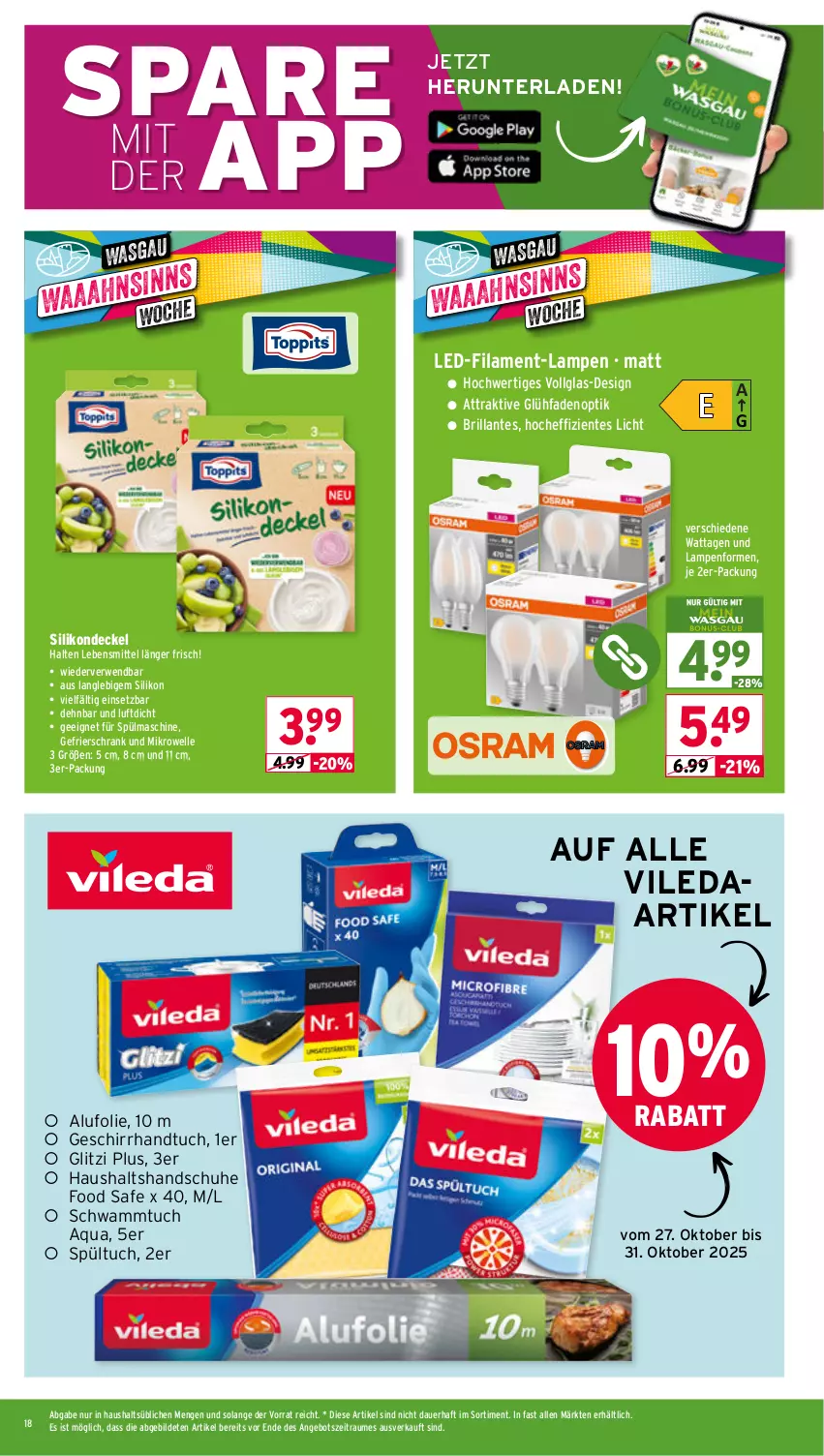 Aktueller Prospekt Wasgau - von 27.10 bis 31.10.2025 - strona 18 - produkty: angebot, aqua, auer, decke, Deckel, elle, ente, gefrierschrank, geschirr, handschuhe, handtuch, Lampe, lebensmittel, LG, mikrowelle, rwe, Schrank, schuhe, schwamm, Schwammtuch, Ti, tuc, vileda