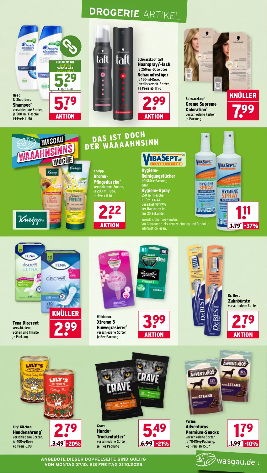 Aktueller Prospekt Wasgau - von 27.10 bis 31.10.2025 - strona 21 - produkty: adventuros, angebot, angebote, bio, bürste, creme, Discreet, Dr. Best, dusche, einwegrasierer, eis, flasche, haarspray, hundenahrung, je 500-ml-flasche, kneipp, lack, pflegedusche, purina, rasierer, Rauch, Reinigung, reinigungstücher, reis, rwe, schaumfestiger, schwarzkop, schwarzkopf, shampoo, snack, snacks, Taft, Ti, trockenfutter, tücher, wilkinson, zahnbürste