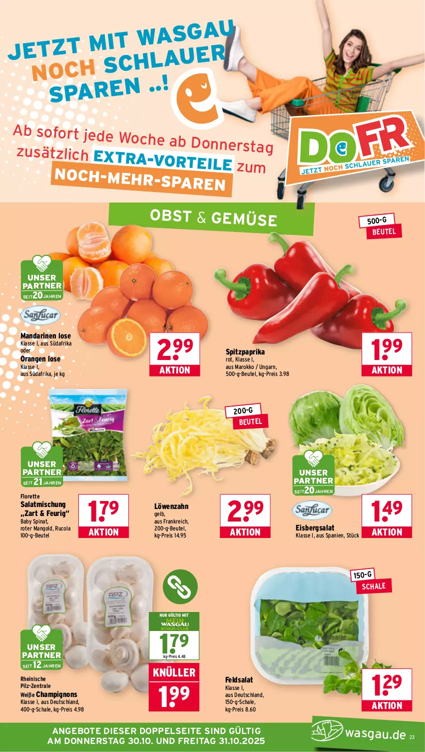 Aktueller Prospekt Wasgau - von 27.10 bis 31.10.2025 - strona 23 - produkty: angebot, angebote, auer, beutel, champignon, champignons, cola, eis, eisbergsalat, feldsalat, florette, mandarine, mandarinen, mango, obst, orange, orangen, paprika, paprika rot, reis, rucola, salat, Schal, Schale, spinat, Spitzpaprika, Ti