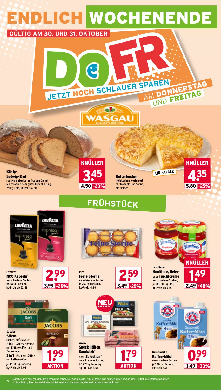 Aktueller Prospekt Wasgau - von 27.10 bis 31.10.2025 - strona 24 - produkty: angebot, auer, bärenmarke, brot, butter, creme, eis, frucht, geback, gelee, Hefe, jacobs, je 250-g-packung, kaffee, konfitüre, kuchen, landliebe, lavazza, löslicher kaffee, malz, mandel, mandeln, milch, reis, sahne, sandwich, Spezi, Ti, wasa, zucker