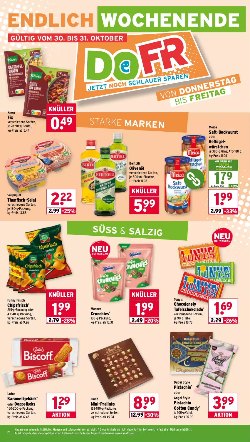 Aktueller Prospekt Wasgau - von 27.10 bis 31.10.2025 - strona 26 - produkty: angebot, auer, bertolli, beutel, bockwurst, chips, chipsfrisch, eis, fisch, flasche, Funny Frisch, Geflügel, je 500-ml-flasche, karamell, keks, knorr, knorr fix, LG, lindt, Manner, meica, olive, oliven, olivenöl, reis, saft, salat, salz, saupiquet, schoko, schokolade, tafelschokolade, thunfisch, Ti, wurst, würstchen