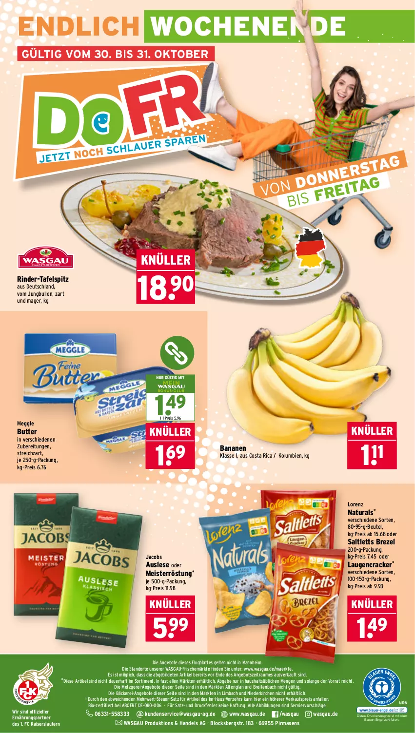 Aktueller Prospekt Wasgau - von 27.10 bis 31.10.2025 - strona 28 - produkty: angebot, angebote, auer, banane, bananen, beutel, bio, Brei, brezel, butter, cracker, drucker, eis, elle, Engel, jacobs, je 250-g-packung, jungbullen, Kaiser, kerze, latte, lorenz, meggle, Meister, meisterröstung, natur, natura, oder jacobs, reis, rind, rinder, rwe, saltletts, Streichzart, tafelspitz, Ti