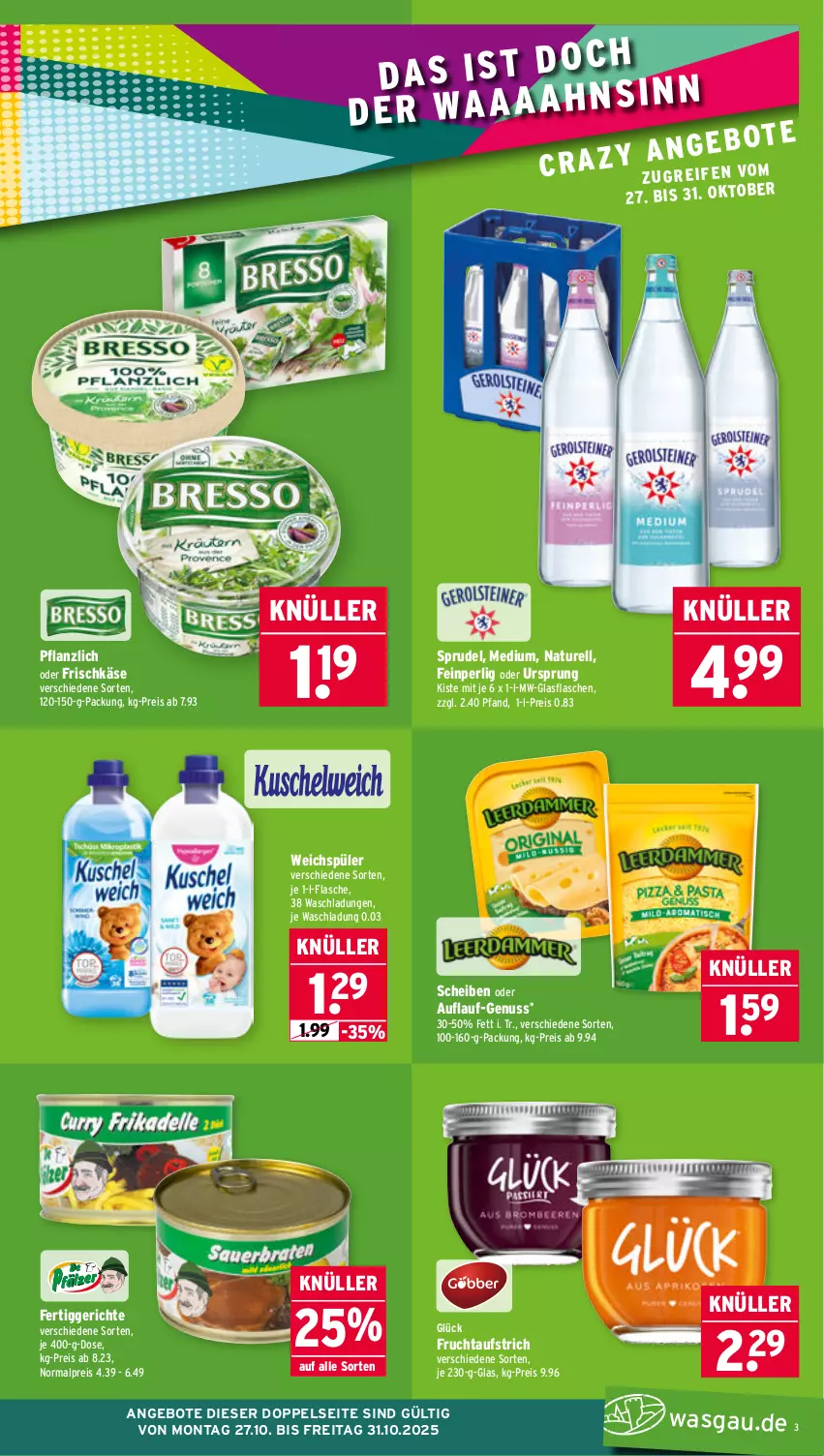 Aktueller Prospekt Wasgau - von 27.10 bis 31.10.2025 - strona 3 - produkty: angebot, angebote, aufstrich, eis, fertiggericht, fertiggerichte, flasche, frischkäse, frucht, fruchtaufstrich, glasflasche, Käse, natur, nuss, reis, rel, Sprudel, Ti, weichspüler