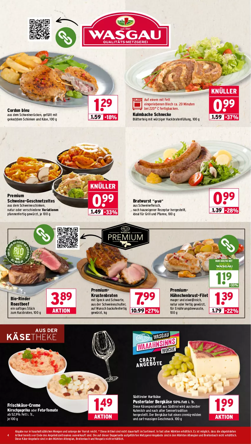 Aktueller Prospekt Wasgau - von 27.10 bis 31.10.2025 - strona 4 - produkty: angebot, angebote, auer, backofen, beef, Bergkäse, bio, blätterteig, braten, bratwurst, Brei, cordon bleu, creme, eis, feta, filet, fleisch, frischkäse, für grill und pfanne, geschnetzeltes, gewürz, grill, grill und pfanne, hähnchenbrust, hartkäse, HP, ideal für grill, ideal für grill und pfanne, Käse, käsetheke, kirsch, krustenbraten, mac, milch, natur, nuss, Ofen, paprika, pfanne, pfannen, rezept, Ria, rind, rinder, roastbeef, saft, schinken, schwein, schweine, schweinefleisch, schweinerücken, Speck, Spezi, südtiroler, Ti, tomate, und pfanne, wein, weine, wurst, Zelt