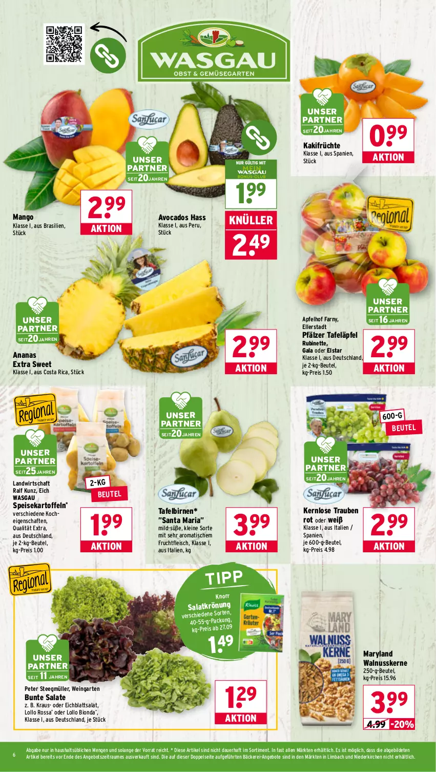 Aktueller Prospekt Wasgau - von 27.10 bis 31.10.2025 - strona 6 - produkty: ananas, angebot, angebote, apfel, auer, avocado, avocados, beutel, bio, Birnen, bunte salate, Eichblattsalat, eis, elle, fleisch, frucht, früchte, fruchtfleisch, Garten, Kaki, kartoffel, kartoffeln, knorr, leine, mango, Müller, nuss, reis, Ria, Rubin, salat, salate, salatkrönung, speisekartoffeln, tafeläpfel, tafelbirnen, tee, Ti, tisch, trauben, walnuss, walnusskerne, wein