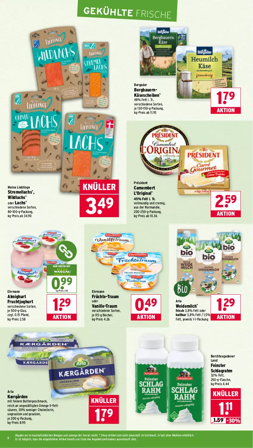 Aktueller Prospekt Wasgau - von 27.10 bis 31.10.2025 - strona 8 - produkty: almighur, almighurt, angebot, arla, auer, Bau, Bauer, Becher, bergader, butter, camembert, ehrmann, ehrmann almighurt, eis, flasche, frucht, früchte, fruchtjoghurt, gin, joghur, joghurt, Kærgården, Käse, käsescheiben, lachs, mac, milch, omega, Omega-3, reis, salz, schlagrahm, Ti, vanille, weidemilch, Wild, wildlachs