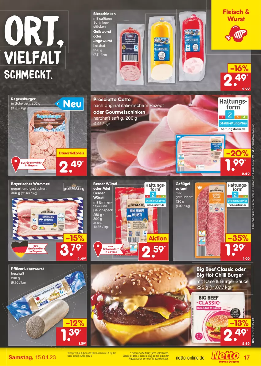 Aktueller Prospekt Netto Marken-Discount - Filial-Angebote - von 11.04 bis 15.04.2023 - strona 17 - produkty: angebot, auer, Bau, beef, bestpreis, bier, bierschinken, burger, Burger Sauce, dauertiefpreis, eis, emmentaler, fleisch, Geflügel, gin, jagdwurst, Käse, leberwurst, merl, prosciutto, prosciutto cotto, regensburger, reis, rezept, saft, salami, sauce, schinken, Speck, Ti, tiefpreis, wurst, wurst in selbstbedienung, ZTE