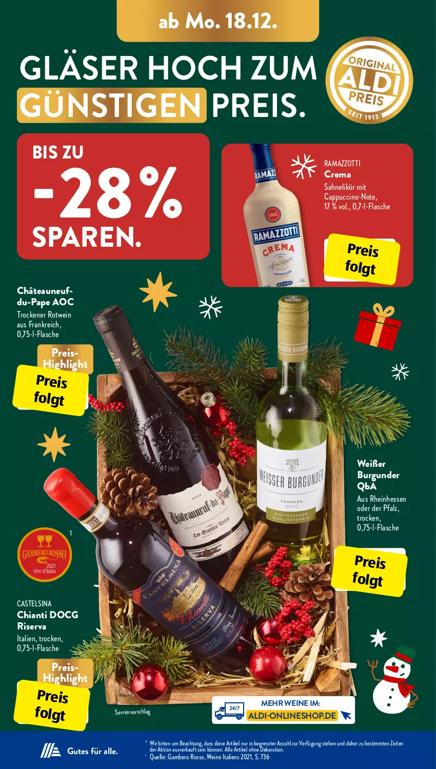 Aktueller Prospekt AldiSud - IN ZWEI WOCHEN - von 18.12 bis 23.12.2023 - strona 16 - produkty: aldi, alle artikel ohne dekoration, Amber, burgunder, Cap, cappuccino, chia, chianti, cin, dekoration, eis, elle, flasche, Gläser, LG, likör, rama, ramazzott, ramazzotti, reis, riserva, rotwein, sahne, Ti, wein, weine, zott, ZTE