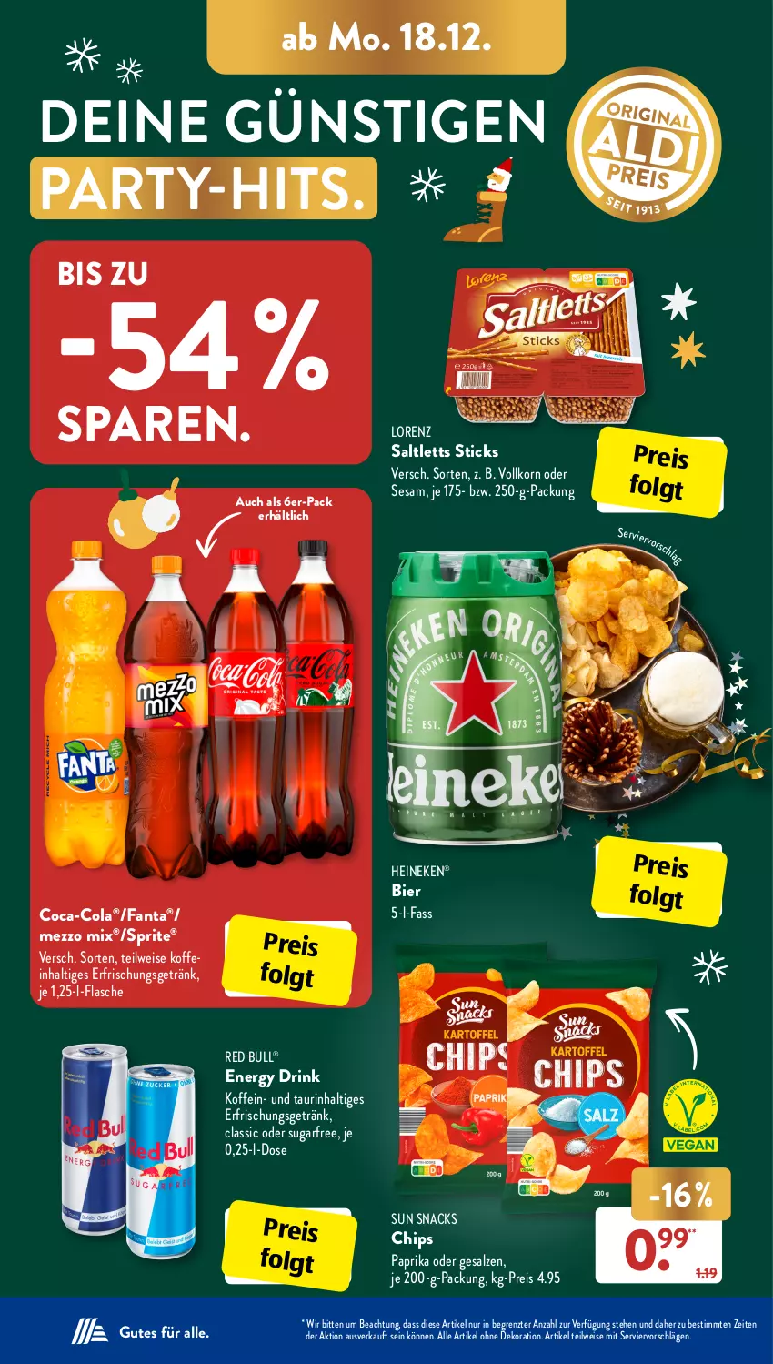 Aktueller Prospekt AldiSud - IN ZWEI WOCHEN - von 18.12 bis 23.12.2023 - strona 18 - produkty: alle artikel ohne dekoration, bier, chips, coca-cola, cola, dekoration, drink, eis, energy drink, erfrischungsgetränk, fanta, flasche, getränk, heineken, korn, LG, lorenz, Mezzo Mix, paprika, red bull, reis, saltletts, salz, sesam, snack, snacks, sprite, Sun Snacks, Ti, ZTE