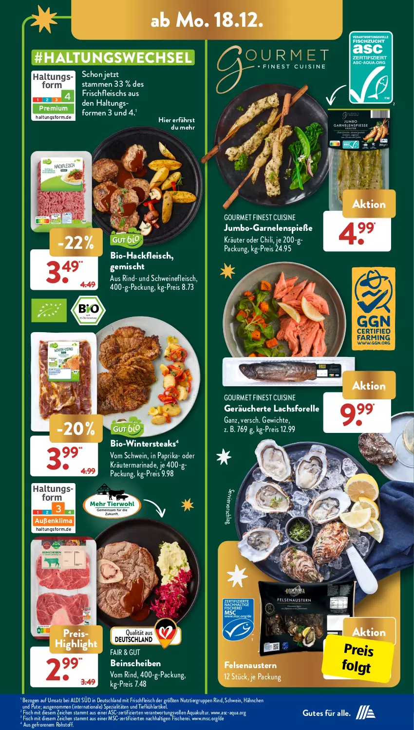 Aktueller Prospekt AldiSud - IN ZWEI WOCHEN - von 18.12 bis 23.12.2023 - strona 3 - produkty: aldi, aqua, aust, Austern, bio, Bio-Hackfleisch, chili, eis, elle, fisch, fische, Fischer, fleisch, forelle, garnelen, gsw, hackfleisch, jumbo, kräuter, lachs, LG, marinade, oder kräuter, paprika, pute, reis, rel, rind, Schere, schwein, schweine, schweinefleisch, Spezi, steak, steaks, Ti, wein, weine