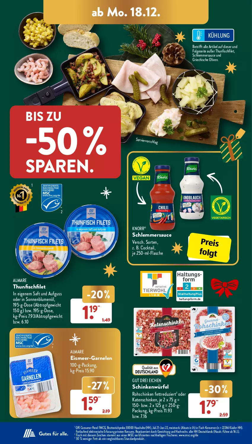 Aktueller Prospekt AldiSud - IN ZWEI WOCHEN - von 18.12 bis 23.12.2023 - strona 6 - produkty: almare, blume, blumen, blumenöl, brut, cocktail, eis, Elektro, filet, fisch, fische, Fischer, flasche, garnelen, HP, katenschinken, knorr, Konserven, Laufen, LG, olive, oliven, reis, rohschinken, saft, sauce, Schere, schinken, schlemmersauce, sonnenblume, sonnenblumen, sonnenblumenöl, thunfisch, Ti, würfel