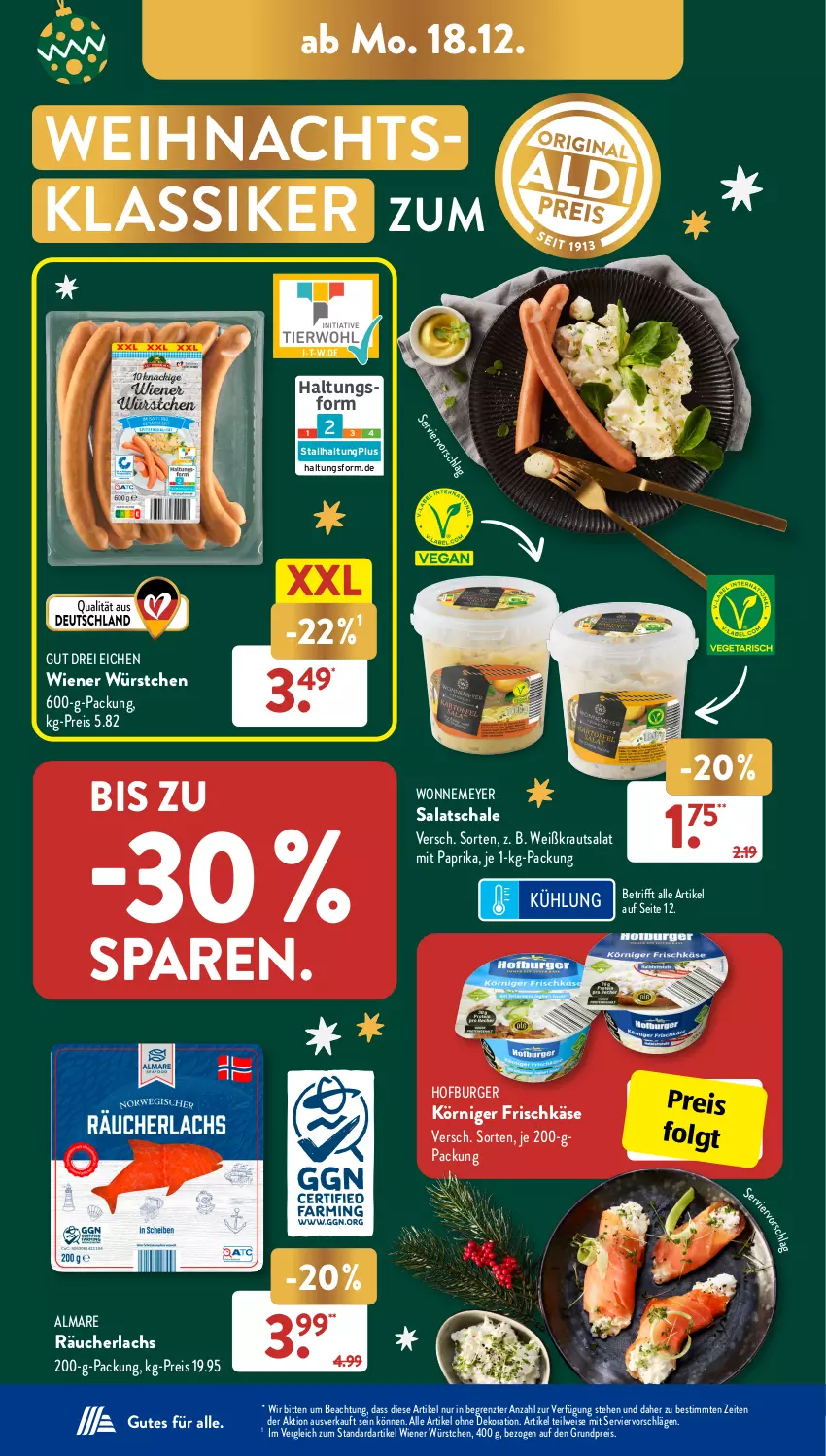 Aktueller Prospekt AldiSud - IN ZWEI WOCHEN - von 18.12 bis 23.12.2023 - strona 8 - produkty: alle artikel ohne dekoration, almare, burger, dekoration, eis, frischkäse, Käse, Körniger Frischkäse, Kraut, krautsalat, lachs, LG, mit paprika, paprika, Räucherlachs, reis, salat, Schal, Schale, Ti, wiener, wiener würstchen, würstchen, ZTE