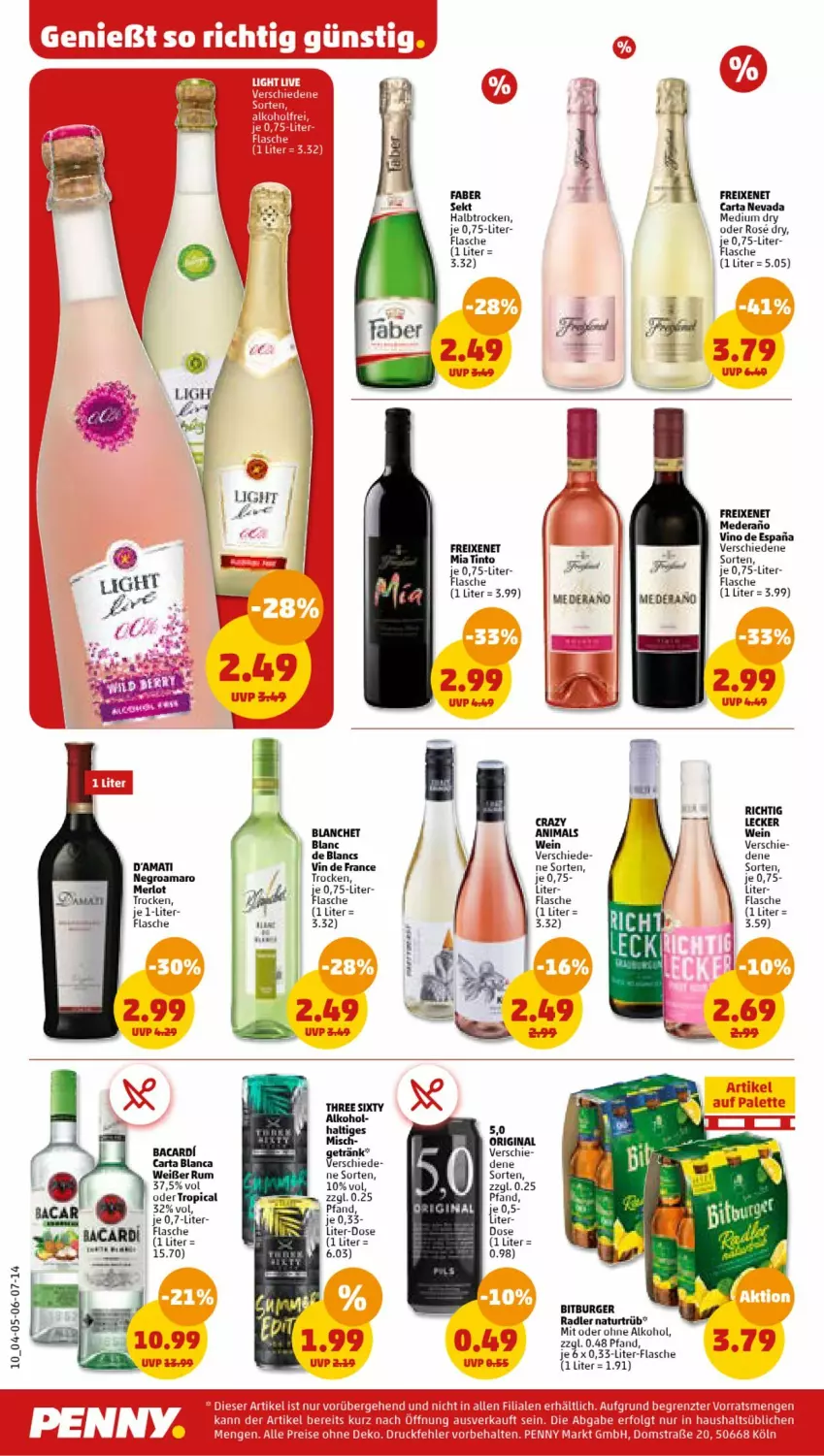 Aktueller Prospekt Penny - Prospekte - von 26.06 bis 01.07.2023 - strona 10 - produkty: alkohol, amaro, bacardi, bitburger, burger, de blancs, flasche, freixenet, gin, merl, merlot, natur, ohne alkohol, radler, rum, sac, sekt, Three Sixty, Ti, vin de france, wein