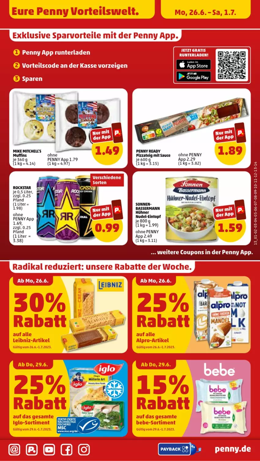 Aktueller Prospekt Penny - Prospekte - von 26.06 bis 01.07.2023 - strona 13 - produkty: eintopf, fisch, fische, Fischer, hühner, Muffin, muffins, nudel, payback, pizza, Pizzateig, Rockstar, sauce, Schere, Ti, topf