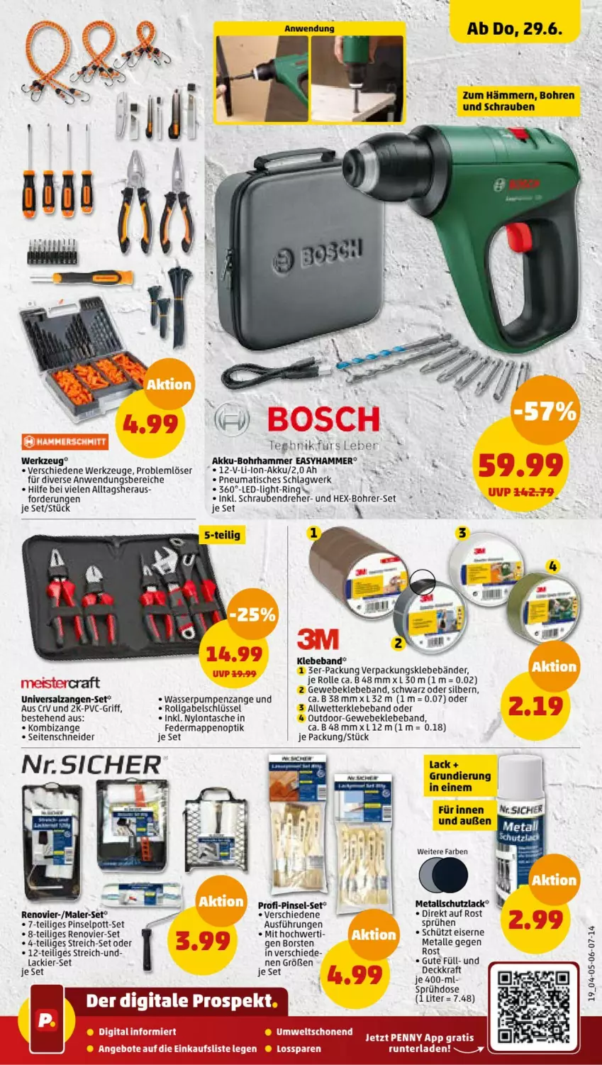 Aktueller Prospekt Penny - Prospekte - von 26.06 bis 01.07.2023 - strona 19 - produkty: akku, Akku-Bohrhammer, angebot, angebote, Beba, Bohrer-Set, Bohrhammer, eis, gabel, Kombizange, kraft, lack, LG, li-ion-akku, Metallschutzlack, Pinsel, ring, salz, schrauben, Schraubendreher, Seitenschneide, Tasche, Ti, tisch, wasser, Wasserpumpenzange, werkzeug, werkzeuge, Zangen