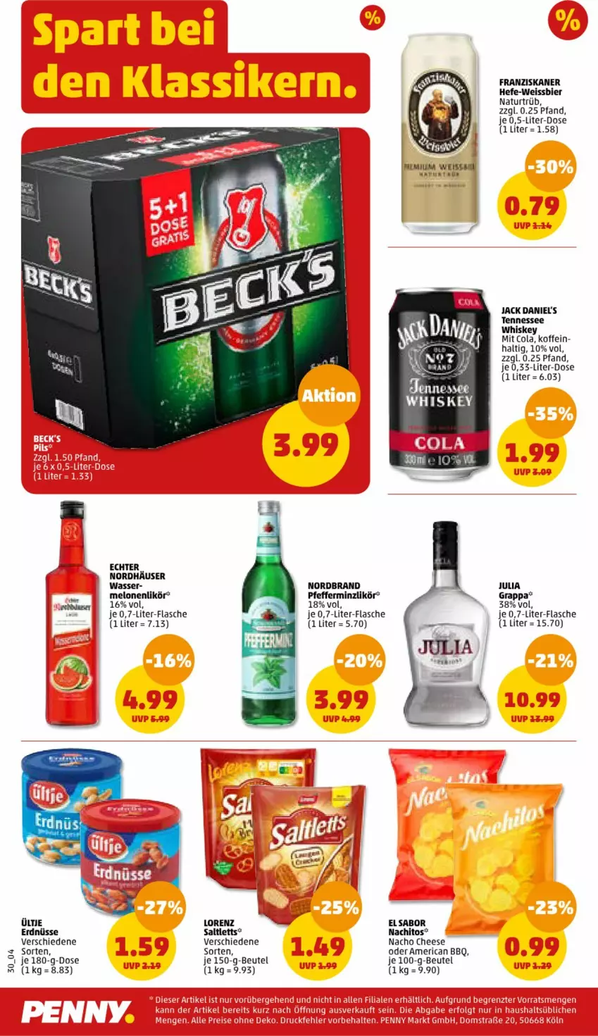 Aktueller Prospekt Penny - Prospekte - von 26.06 bis 01.07.2023 - strona 30 - produkty: beutel, bier, cola, eis, erdnüsse, flasche, franziskaner, grappa, Hefe, jack daniel, jack daniels, likör, lorenz, melone, melonen, nacho, nacho cheese, natur, nordbrand, pfeffer, pfefferminzlikör, saltletts, tennessee whiskey, Ti, wasser, weber, weissbier, whiskey