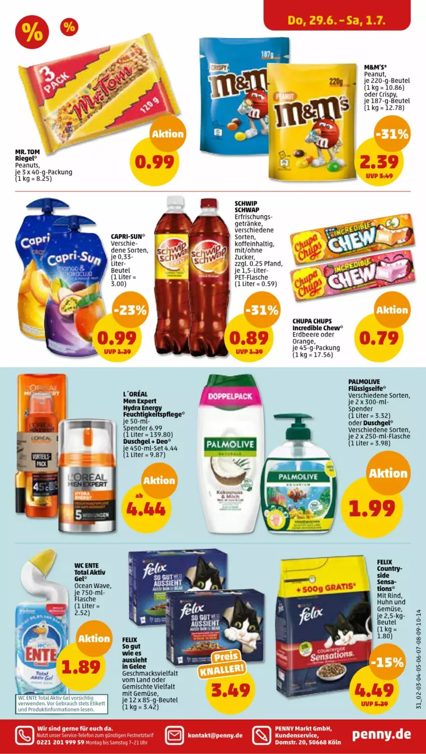 Aktueller Prospekt Penny - Prospekte - von 26.06 bis 01.07.2023 - strona 31 - produkty: aktiv gel, beere, beutel, Cap, capri-sun, chupa, chupa chups, deo, duschgel, ente, erdbeere, felix, feuchtigkeitspflege, flasche, gelee, getränk, getränke, mac, mit gemüse, olive, orange, palmolive, pet-flasche, Rauch, riegel, rwe, Schwip Schwap, Ti, wc ente, zucker