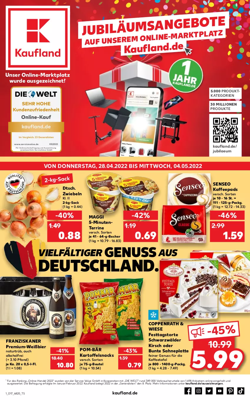 Aktueller Prospekt Kaufland - von 28.04 bis 04.05.2022 - strona 1 - produkty: alkohol, Becher, beutel, bier, coppenrath, ente, franziskaner, kaffee, kaffeepads, kartoffel, kirsch, latte, LG, lion, maggi, natur, nuss, pom-bär, Rauch, sac, sahne, senseo, snack, snacks, terrine, Ti, torte, zwiebel, zwiebeln