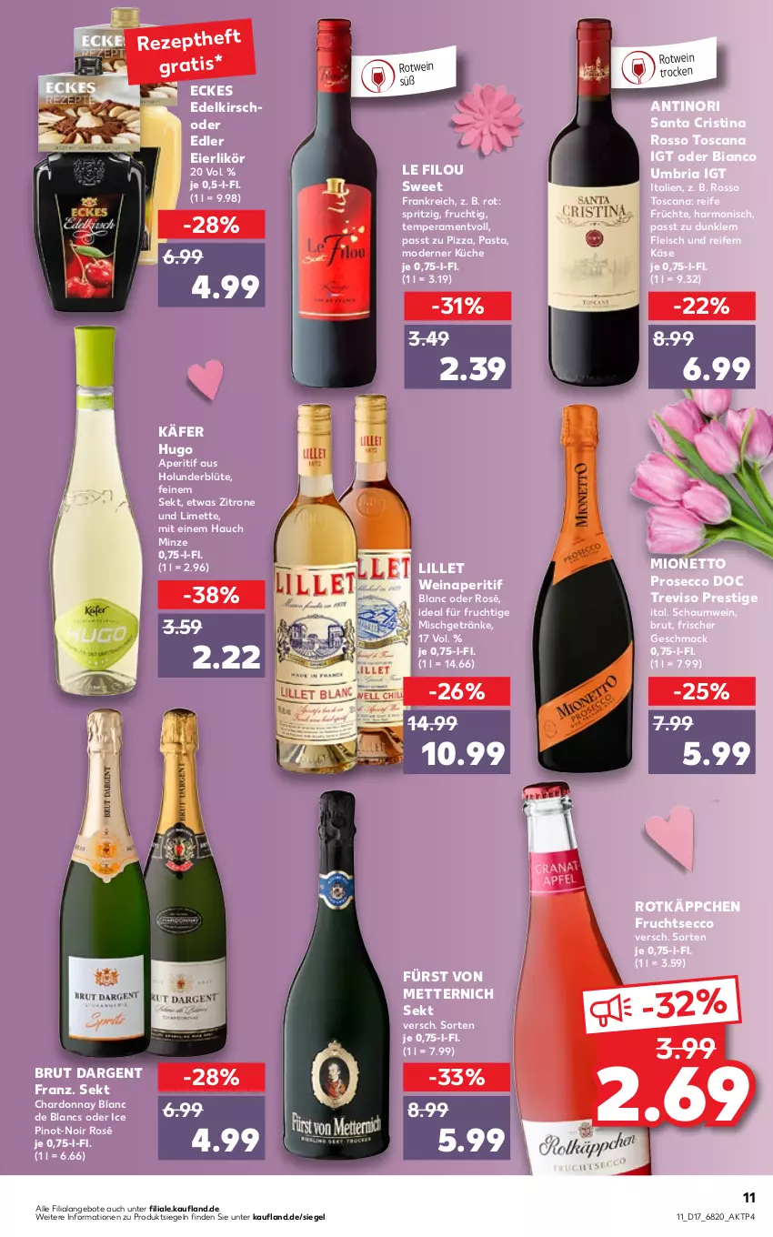 Aktueller Prospekt Kaufland - von 28.04 bis 04.05.2022 - strona 11 - produkty: angebot, angebote, aperitif, Blüte, brut, brut dargent, chardonnay, de blancs, ecco, eier, eierlikör, eis, fleisch, frucht, früchte, fruchtsecco, fürst von metternich, getränk, getränke, holunder, holunderblüte, hugo, käfer, Käse, kirsch, küche, likör, lillet, limette, mac, Mett, metternich, minze, mionetto, Mode, pasta, Pinot, pizza, prosecco, rezept, Ria, rotkäppchen, rotwein, sekt, Ti, wein, zitrone