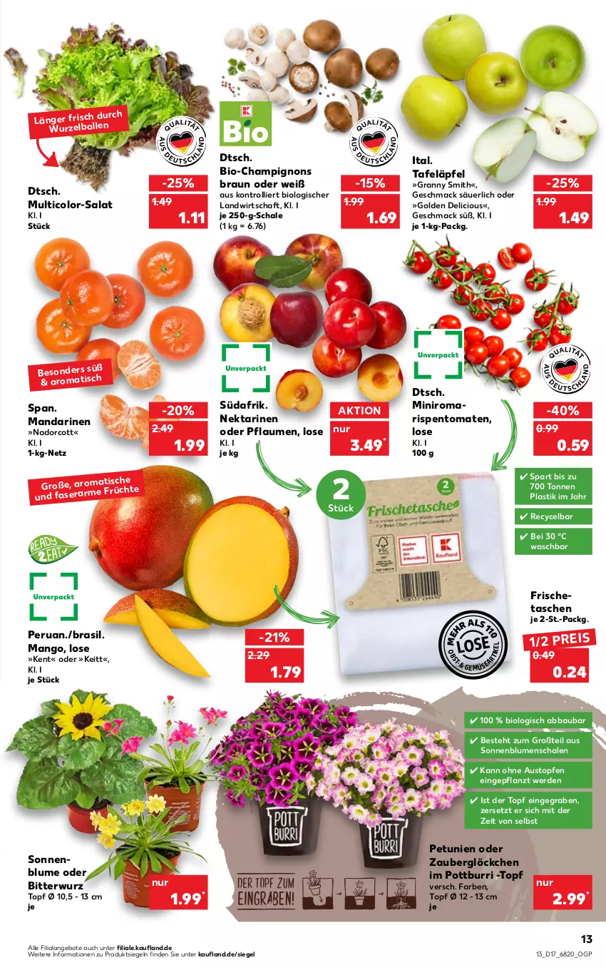 Aktueller Prospekt Kaufland - von 28.04 bis 04.05.2022 - strona 13 - produkty: Abba, angebot, angebote, asti, aust, Bau, bio, blume, blumen, braun, champignon, champignons, champignons braun, eis, erde, früchte, mac, mandarine, mandarinen, mango, Nektar, nektarinen, nektarinen oder, petunie, petunien, pflaume, pflaumen, reis, rispentomaten, salat, Schal, Schale, sonnenblume, sonnenblumen, tafeläpfel, Tasche, taschen, Ti, tisch, tomate, tomaten, topf, Topfen, trolli, zauberglöckchen