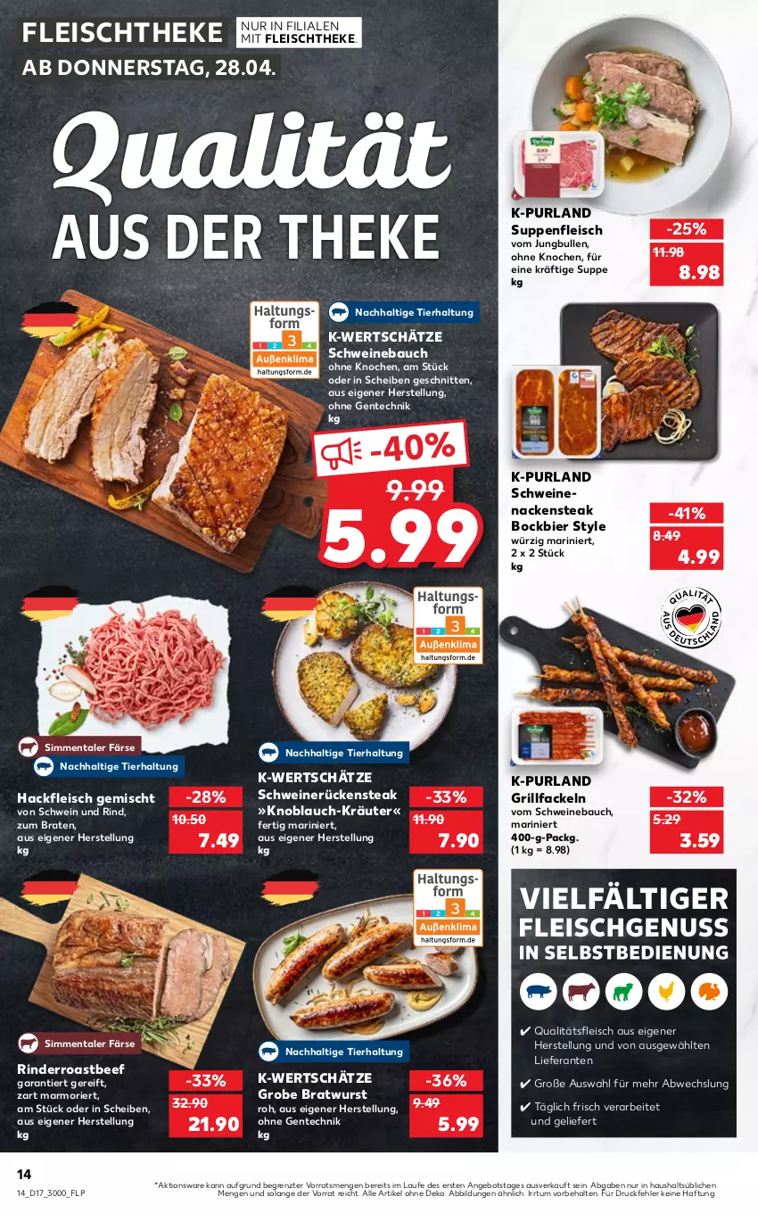 Aktueller Prospekt Kaufland - von 28.04 bis 04.05.2022 - strona 14 - produkty: angebot, Bau, beef, bier, braten, bratwurst, eis, ente, fleisch, grill, grillfackeln, grobe bratwurst, hackfleisch, hackfleisch gemischt, jungbullen, knoblauch, kräuter, Nackensteak, purland, rind, rinder, roastbeef, Rückensteak, schnitten, schwein, schwein und rind, schweine, Schweinebauch, schweinenacken, schweinerücken, sim, steak, suppe, suppen, suppenfleisch, Ti, wein, weine, wurst, ZTE