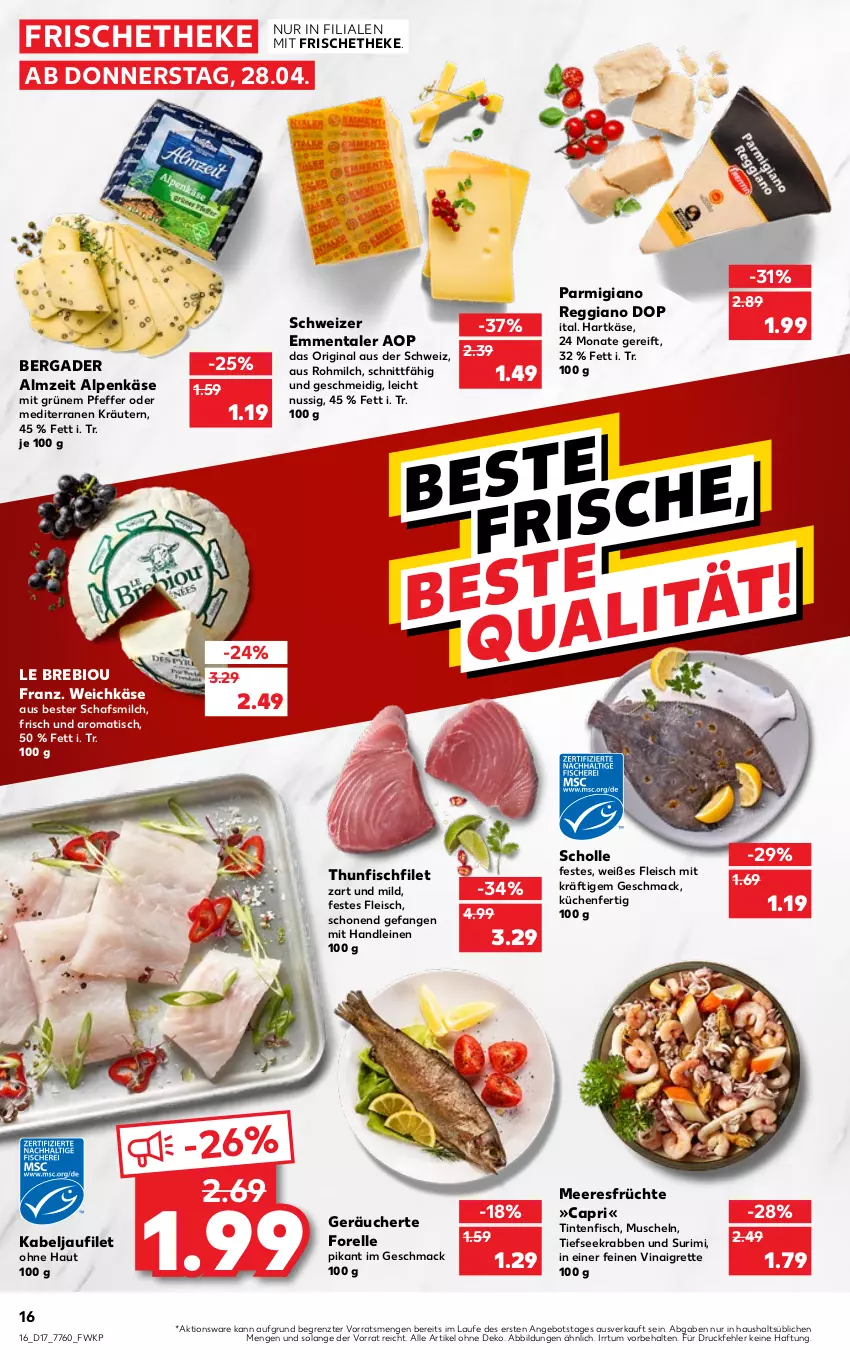 Aktueller Prospekt Kaufland - von 28.04 bis 04.05.2022 - strona 16 - produkty: angebot, bergader, bio, Cap, eis, elle, emmentaler, filet, fisch, fleisch, forelle, früchte, gin, hartkäse, kabeljaufilet, Käse, kräuter, kräutern, küche, Küchen, leine, mac, meeresfrüchte, milch, Muscheln, nuss, parmigiano, parmigiano reggiano, pfeffer, reggiano, rel, scholl, thunfisch, Ti, tisch, weichkäse, ZTE