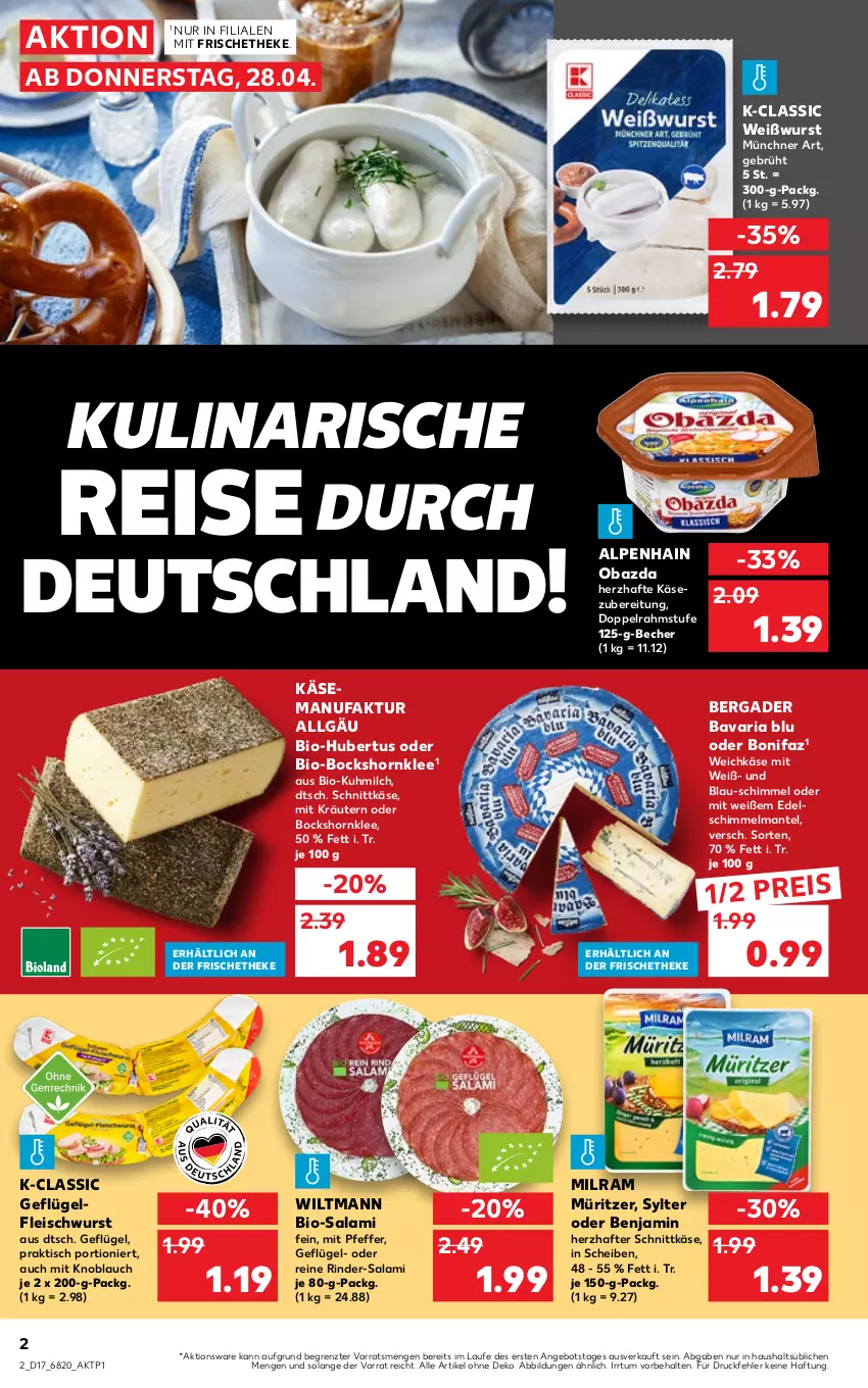 Aktueller Prospekt Kaufland - von 28.04 bis 04.05.2022 - strona 2 - produkty: Alpenhain, angebot, bavaria blu, Becher, bergader, bio, Bio-Salami, doppelrahmstufe, eis, Faktu, fleisch, fleischwurst, Geflügel, Käse, knoblauch, kräuter, kräutern, LG, Mantel, milch, milram, mit knoblauch, obazda, pfeffer, reis, Ria, rind, rinder, salami, schnittkäse, Sylter, Ti, tisch, weichkäse, Weißwurst, wiltmann, wurst, ZTE