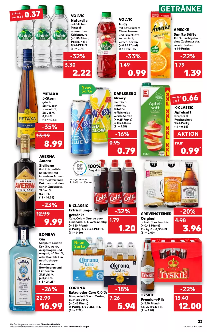 Aktueller Prospekt Kaufland - von 28.04 bis 04.05.2022 - strona 23 - produkty: Alwa, amaro, amecke, angebot, angebote, apfel, apfelsaft, averna, beere, beeren, bier, brombeere, brombeeren, cola, corona, corona extra, decke, Deckel, dry gin, eis, elle, frucht, fruchtsaft, getränk, getränke, gin, grevensteiner, himbeer, himbeere, himbeeren, karlsberg, karlsberg mixery, kräuter, kräuterlikör, kräutern, likör, limo, limonade, london dry, london dry gin, Metaxa, mineralwasser, mit frucht, Mixer, mixery, natur, orange, pils, rel, saft, säfte, sapphire, Spezi, spirituosen, steiner, Ti, tyskie, volvic, wasser, zucker