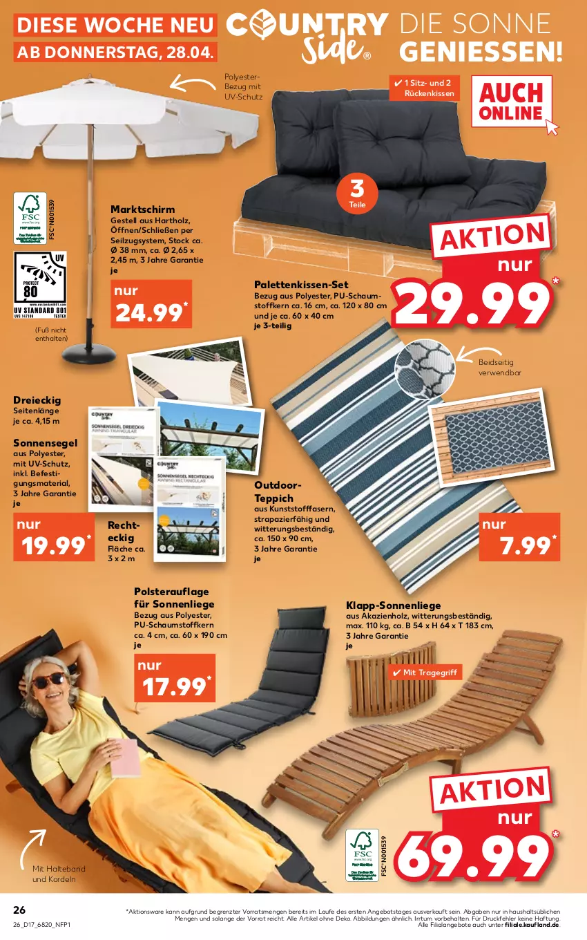 Aktueller Prospekt Kaufland - von 28.04 bis 04.05.2022 - strona 26 - produkty: angebot, angebote, Holz, kissen, Liege, Palette, Palettenkissen, Ria, Rückenkissen, rwe, sonnenliege, sonnensegel, teppich, Ti, tragegriff, uv-schutz, ZTE