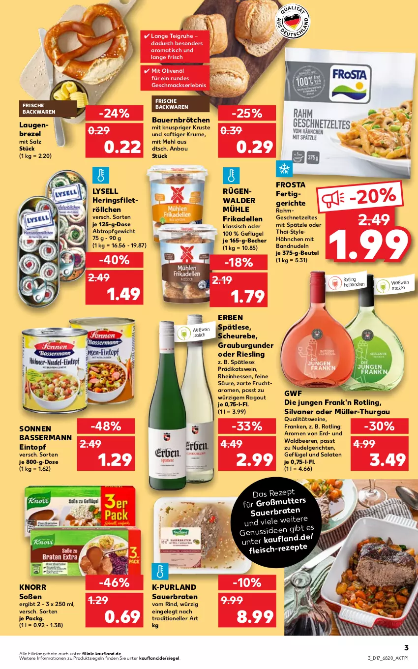 Aktueller Prospekt Kaufland - von 28.04 bis 04.05.2022 - strona 3 - produkty: angebot, angebote, auer, backwaren, Bau, Bauer, Becher, beere, beeren, beutel, braten, brezel, brötchen, burgunder, dell, eintopf, eis, elle, fertiggericht, fertiggerichte, filet, fleisch, frikadellen, frische backwaren, frosta, frucht, Geflügel, geschnetzeltes, grauburgunder, hering, Herings, Heu, knorr, Laugenbrezel, LG, lysell, mac, mehl, Müller, Müller-Thurgau, nudel, Nudelgericht, nudeln, nuss, olive, oliven, olivenöl, purland, qualitätswein, qualitätsweine, Ragout, rezept, riesling, rind, ring, rügenwalder, rügenwalder mühle, rum, saft, salat, salate, salz, silvaner, Soße, Ti, tisch, topf, wein, weine, Weißwein, Zelt