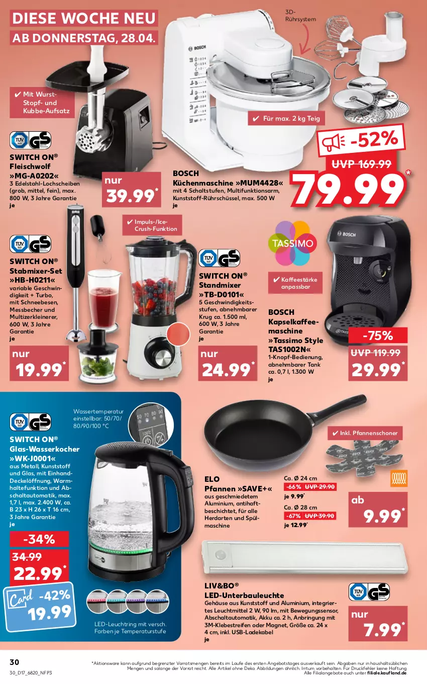 Aktueller Prospekt Kaufland - von 28.04 bis 04.05.2022 - strona 30 - produkty: akku, angebot, angebote, auto, Bau, Becher, Bewegungssensor, bosch, decke, Deckel, deka, edelstahl, eis, fleisch, glas-wasserkocher, herdarten, kaffee, kaffeemaschine, Kocher, küche, Küchen, küchenmaschine, ladekabel, leine, Leuchte, leuchtmittel, Messbecher, Mixer, pfanne, pfannen, reifen, Ria, ring, Rührschüssel, Schal, Schneebesen, schüssel, sim, stabmixer, standmixer, tassimo, Ti, topf, usb, wasser, wasserkocher, wurst, Zerkleinerer, ZTE