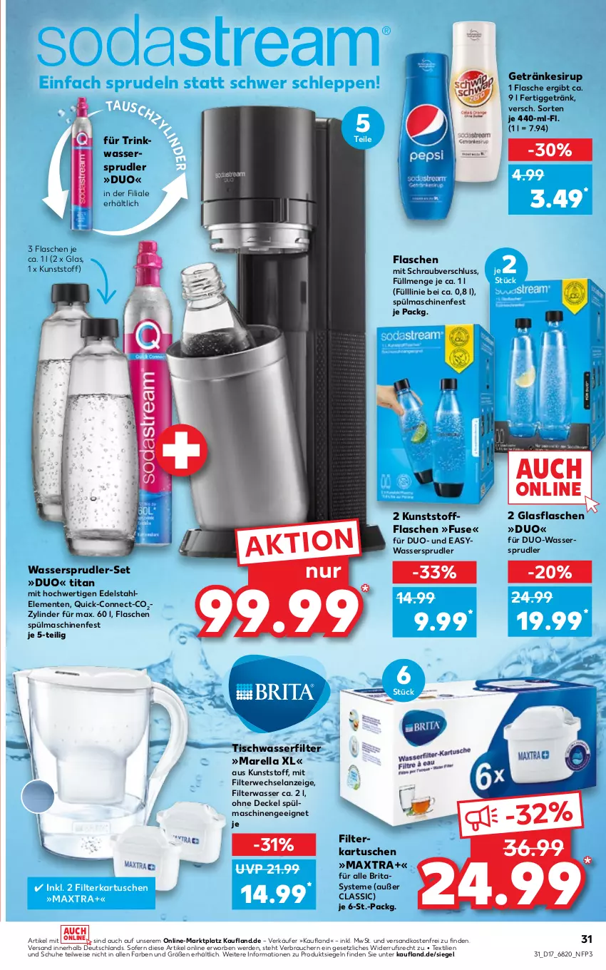 Aktueller Prospekt Kaufland - von 28.04 bis 04.05.2022 - strona 31 - produkty: brita, decke, Deckel, edelstahl, eis, Elan, ente, erde, filterkartuschen, flasche, getränk, getränke, getränkesirup, glasflasche, Maxtra, ndk, Rauch, rel, rwe, schuhe, sirup, Sprudel, spülmaschinen, Ti, tisch, versandkostenfrei, wasser, wasserfilter, wassersprudler