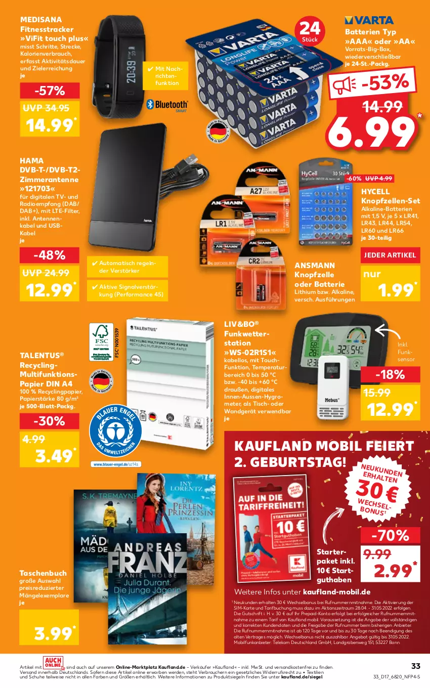 Aktueller Prospekt Kaufland - von 28.04 bis 04.05.2022 - strona 33 - produkty: angebot, auer, auto, batterie, batterien, buch, Clin, din a4, dvb, DVB-T, eier, eis, elle, erde, fitnesstracker, Grom, hama, Hygrometer, isana, LG, medisana, ndk, papier, Radio, Rauch, reis, rwe, sana, schuhe, Signal, sim, Tasche, taschen, Taschenbuch, Ti, tisch, usb, versandkostenfrei, Wetterstation