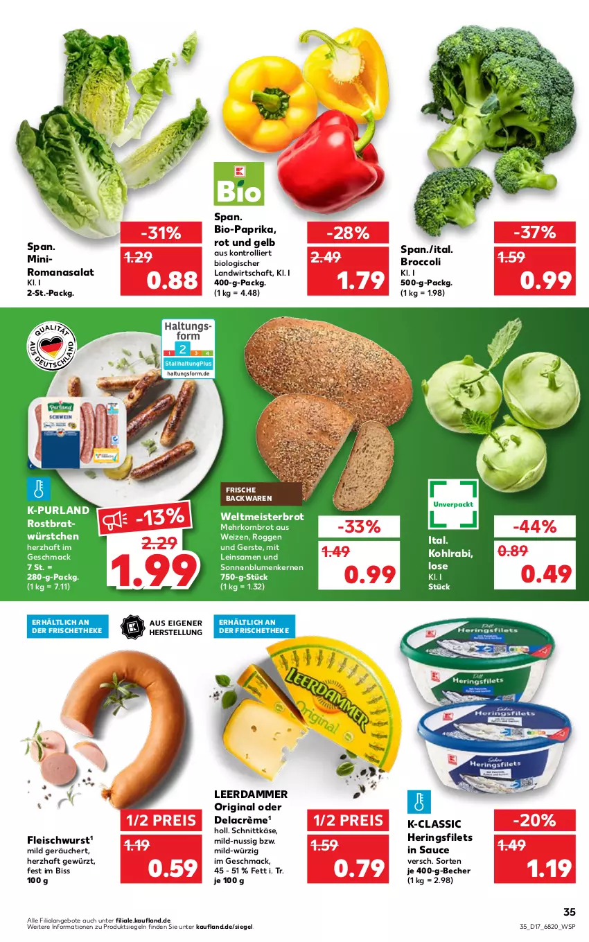 Aktueller Prospekt Kaufland - von 28.04 bis 04.05.2022 - strona 35 - produkty: angebot, angebote, backwaren, Becher, bio, Bio-Paprika, blume, blumen, broccoli, brot, eis, filet, filets, fleisch, fleischwurst, frische backwaren, gewürz, gin, hering, Herings, heringsfilets, Käse, kohlrabi, korn, Kornbrot, leerdammer, mac, Meister, nuss, paprika, purland, reis, ring, Romanasalat, salat, sauce, schnittkäse, sonnenblume, sonnenblumen, Sonnenblumenkerne, sonnenblumenkernen, Ti, trolli, weltmeisterbrot, wurst, würstchen