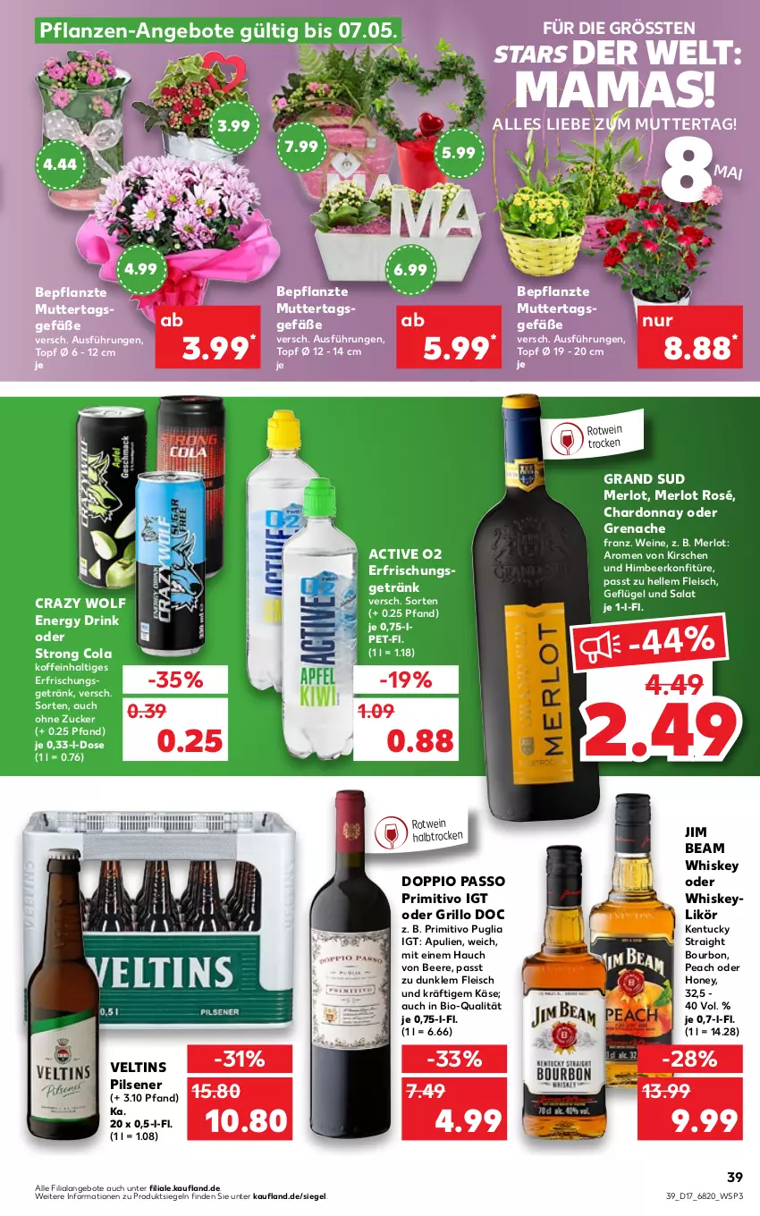 Aktueller Prospekt Kaufland - von 28.04 bis 04.05.2022 - strona 39 - produkty: angebot, angebote, beere, bio, bourbon, chardonnay, cola, doppio passo, drink, eis, elle, energy drink, erfrischungsgetränk, fleisch, Geflügel, getränk, grand sud, grill, grillo, himbeer, jim beam, Käse, kentucky straight, kirsch, kirsche, kirschen, konfitüre, likör, mam, merl, merlot, passo, pflanze, pflanzen, pils, pilsener, primitivo, rotwein, salat, Ti, topf, tuc, veltins, veltins pilsener, wein, weine, whiskey, ZTE, zucker