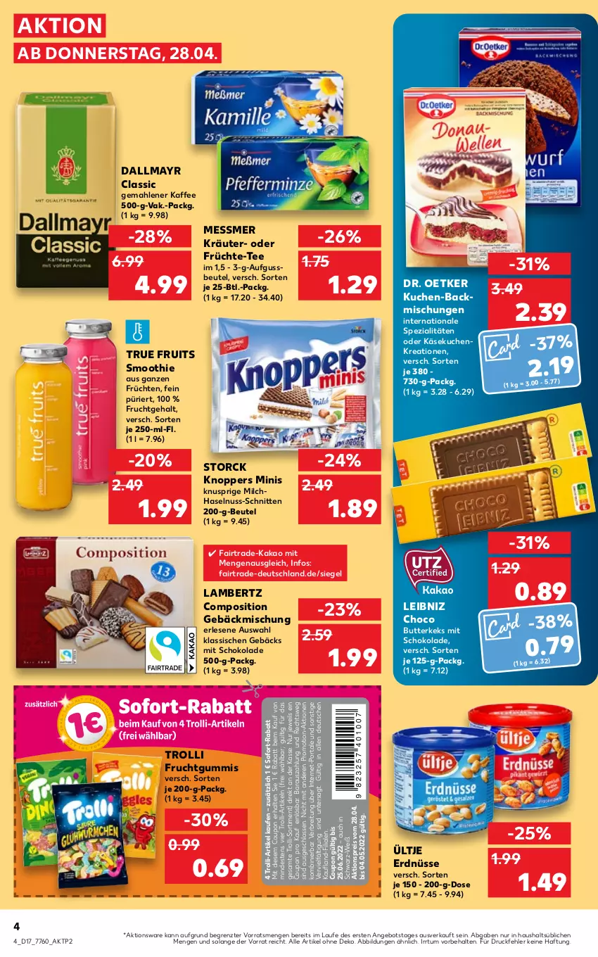 Aktueller Prospekt Kaufland - von 28.04 bis 04.05.2022 - strona 4 - produkty: aktionspreis, Amber, angebot, backmischung, Backmischungen, beutel, Brei, butter, butterkeks, coupon, dallmayr, Dr. Oetker, eis, erdnüsse, frucht, früchte, früchten, fruchtgummi, fruchtgummis, gebäckmischung, haselnuss, kaffee, kakao, Käse, käsekuchen, keks, knoppers, kräuter, kuchen, lambertz, leibniz, milch, nuss, reis, schnitten, schoko, schokolade, sim, smoothie, sofort-rabatt, Spezi, storck, tee, Ti, trolli, trolli fruchtgummi, true fruits, ültje, ültje erdnüsse, ZTE