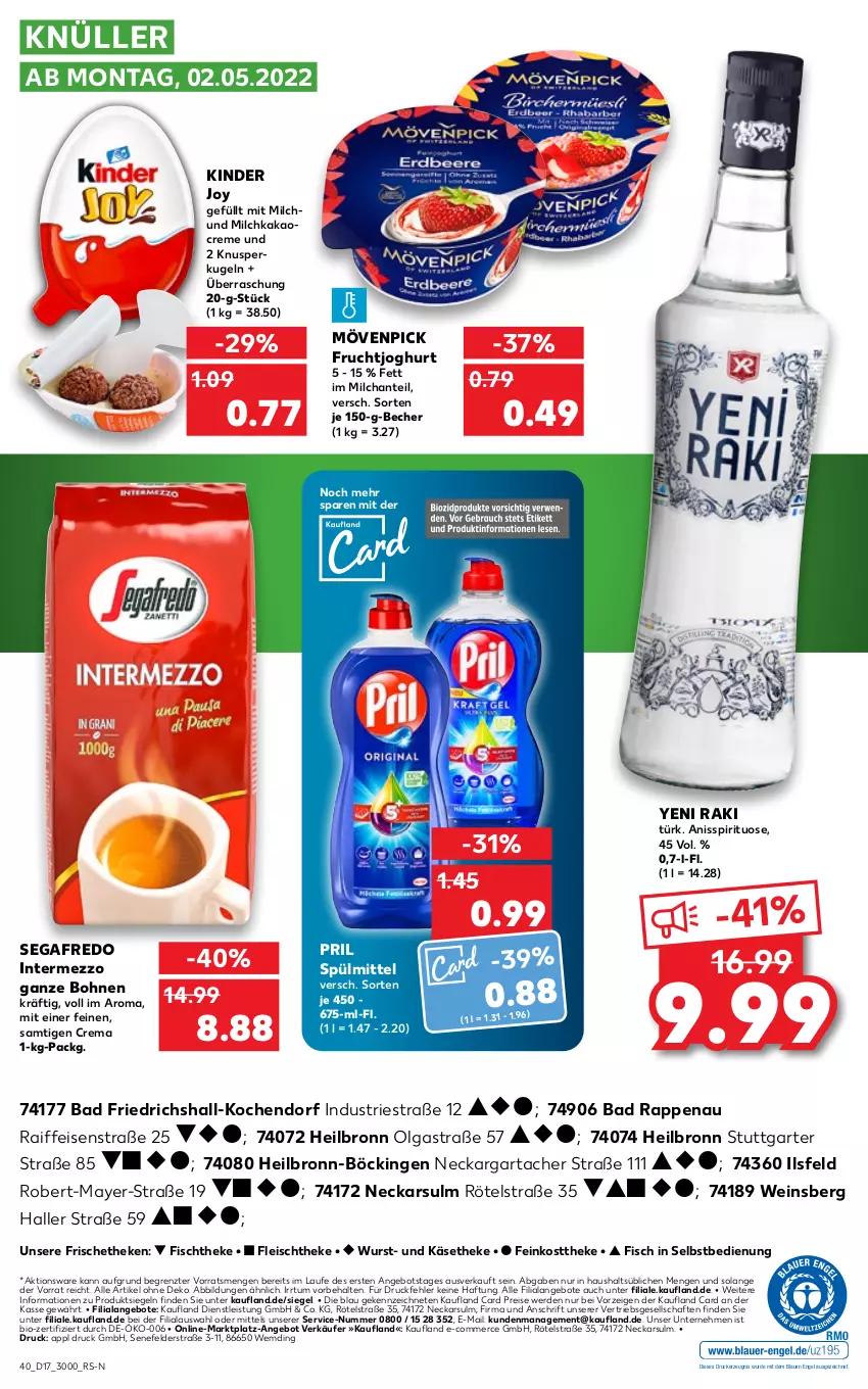 Aktueller Prospekt Kaufland - von 28.04 bis 04.05.2022 - strona 40 - produkty: angebot, angebote, Astra, Bad, Becher, bio, bohne, bohnen, creme, drucker, eis, Engel, erde, feinkost, feinkosttheke, fisch, fischtheke, fleisch, frucht, fruchtjoghurt, intermezzo, joghur, joghurt, kakao, Käse, käsetheke, kerze, Kinder, Kugel, LG, milch, mövenpick, pril, reis, Segafredo, spülmittel, Ti, wein, wurst, yeni raki, ZTE