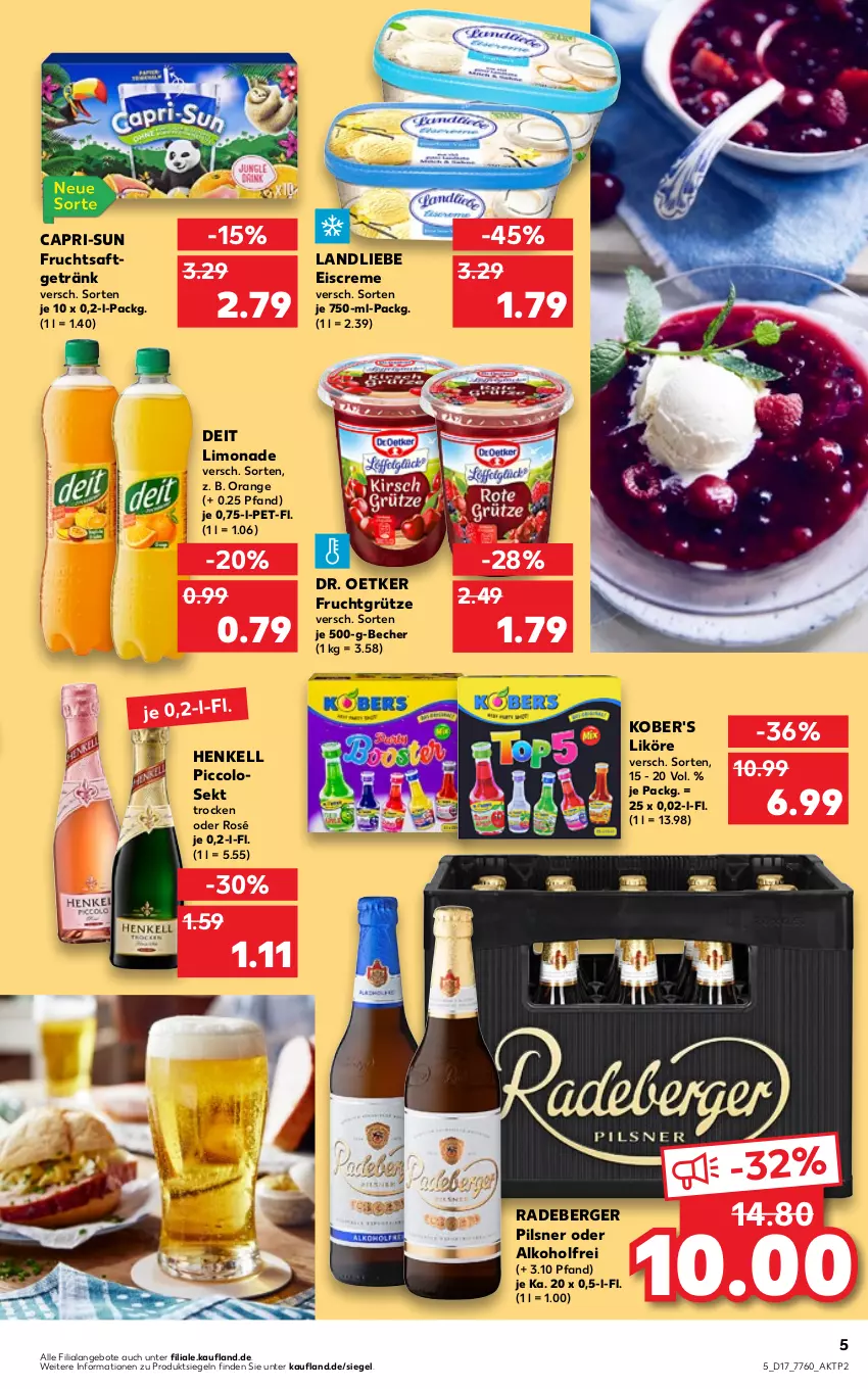 Aktueller Prospekt Kaufland - von 28.04 bis 04.05.2022 - strona 5 - produkty: alkohol, angebot, angebote, Becher, Berger, Cap, capri-sun, creme, deit, Dr. Oetker, eis, eiscreme, frucht, fruchtgrütze, fruchtsaft, fruchtsaftgetränk, getränk, grütze, henkel, henkell, landliebe, landliebe eiscreme, likör, limo, limonade, orange, pils, pilsner, radeberger, radeberger pilsner, saft, sekt, Ti