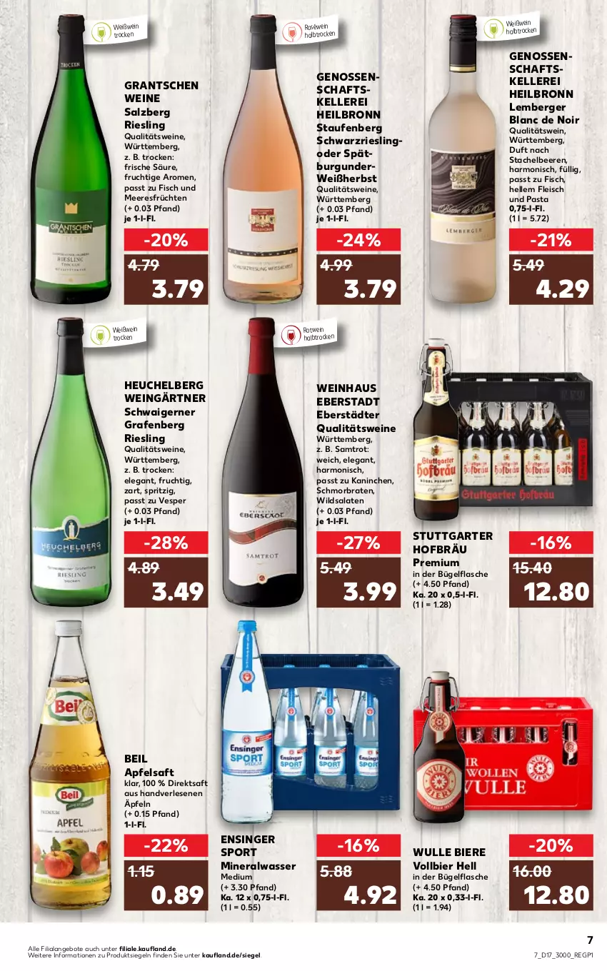 Aktueller Prospekt Kaufland - von 28.04 bis 04.05.2022 - strona 7 - produkty: Alwa, angebot, angebote, apfel, apfelsaft, beere, beeren, Berger, bier, Biere, braten, bügel, bügelflasche, burgunder, direktsaft, eis, elle, fisch, Fisch und Meeresfrüchte, flasche, fleisch, frucht, früchte, früchten, Heu, meeresfrüchte, mineralwasser, Mineralwasser Medium, pasta, qualitätswein, qualitätsweine, riesling, roséwein, rotwein, rwe, saft, salat, salate, salz, schmorbraten, schwarzriesling, spätburgunder, Sport, Stachelbeeren, Ti, wasser, wein, weine, Weißwein, Wild