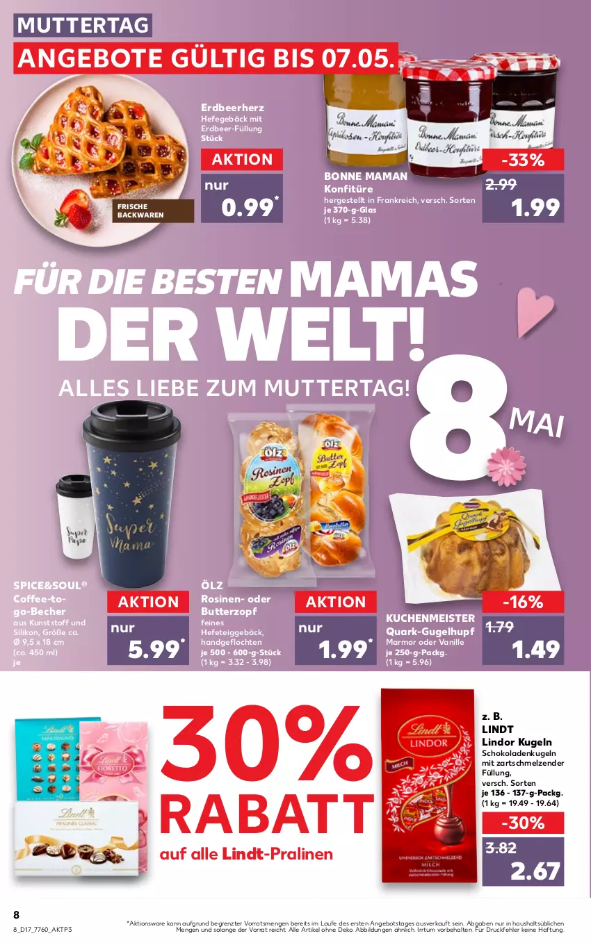 Aktueller Prospekt Kaufland - von 28.04 bis 04.05.2022 - strona 8 - produkty: angebot, angebote, backwaren, Becher, bonne maman, butter, eis, frische backwaren, Hefe, konfitüre, kuchen, kuchenmeister, Kugel, lindor, lindt, mam, Meister, pralinen, quark, schoko, schokolade, schokoladen, Ti, vanille, ZTE