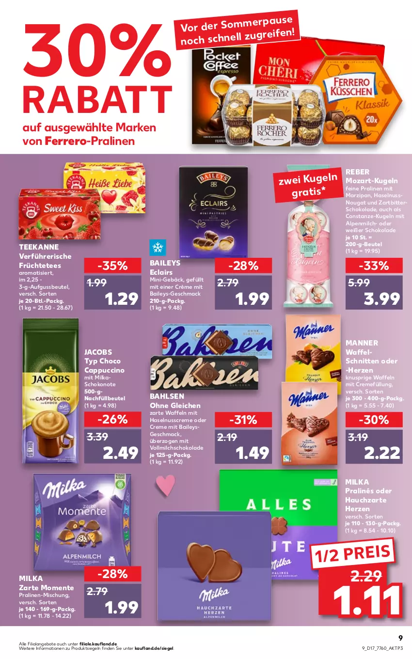 Aktueller Prospekt Kaufland - von 28.04 bis 04.05.2022 - strona 9 - produkty: alpenmilch, angebot, angebote, bahlsen, baileys, beutel, Cap, cappuccino, cin, creme, eis, ente, ferrero, früchte, Früchtetee, haselnuss, Haselnusscreme, jacobs, Kugel, mac, Manner, marzipan, milch, milka, nuss, pralinen, reifen, reis, schnitten, schoko, schokolade, tee, teekanne, Ti, vollmilch, waffeln, Waffelschnitte, Zartbitterschokolade