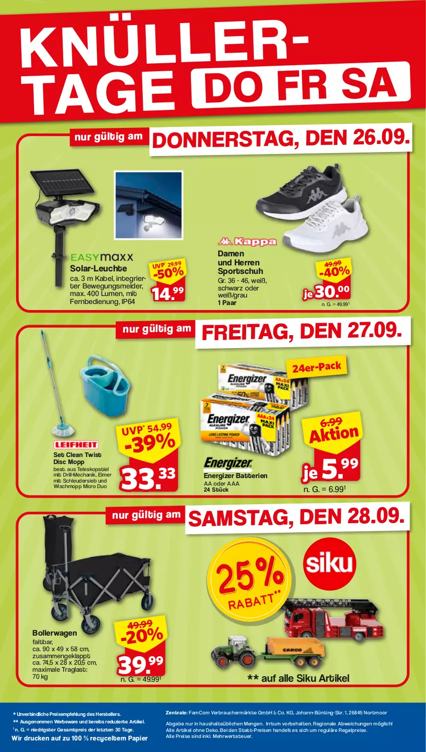 Aktueller Prospekt Famila - Prospekte - von 26.09 bis 28.09.2024 - strona 2 - produkty: batterie, batterien, bollerwagen, eimer, eis, elle, energizer, fernbedienung, Leuchte, mit fernbedienung, papier, Rauch, regal, reis, rwe, Sport, Teleskop, teleskopstiel, teller, Ti, Wischmopp, ZTE